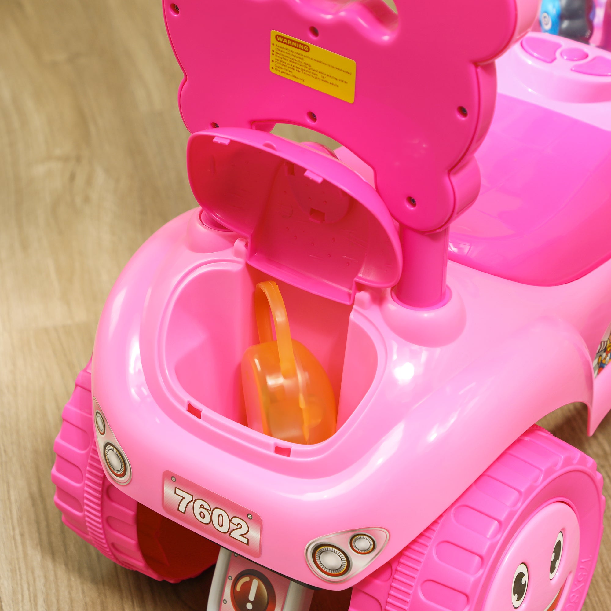 AIYAPLAY Foot to Floor oddler Ride on Toy w/ Music, Light, Horn, Under Seat Storage, Anti-Over-Backwards Device, Pink