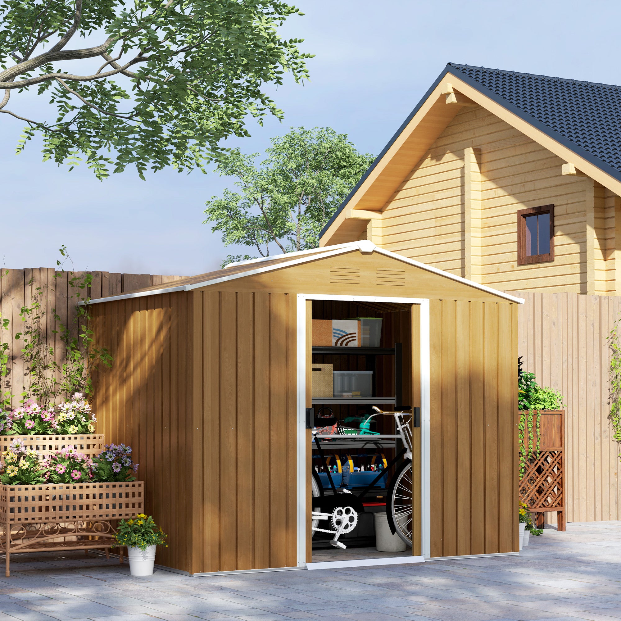 Outsunny 8 x 6ft Outdoor Garden Storage Shed, Metal Tool House with Ventilation and Sliding Doors Chocolate Wood Effect - North Peak Garden Furniture