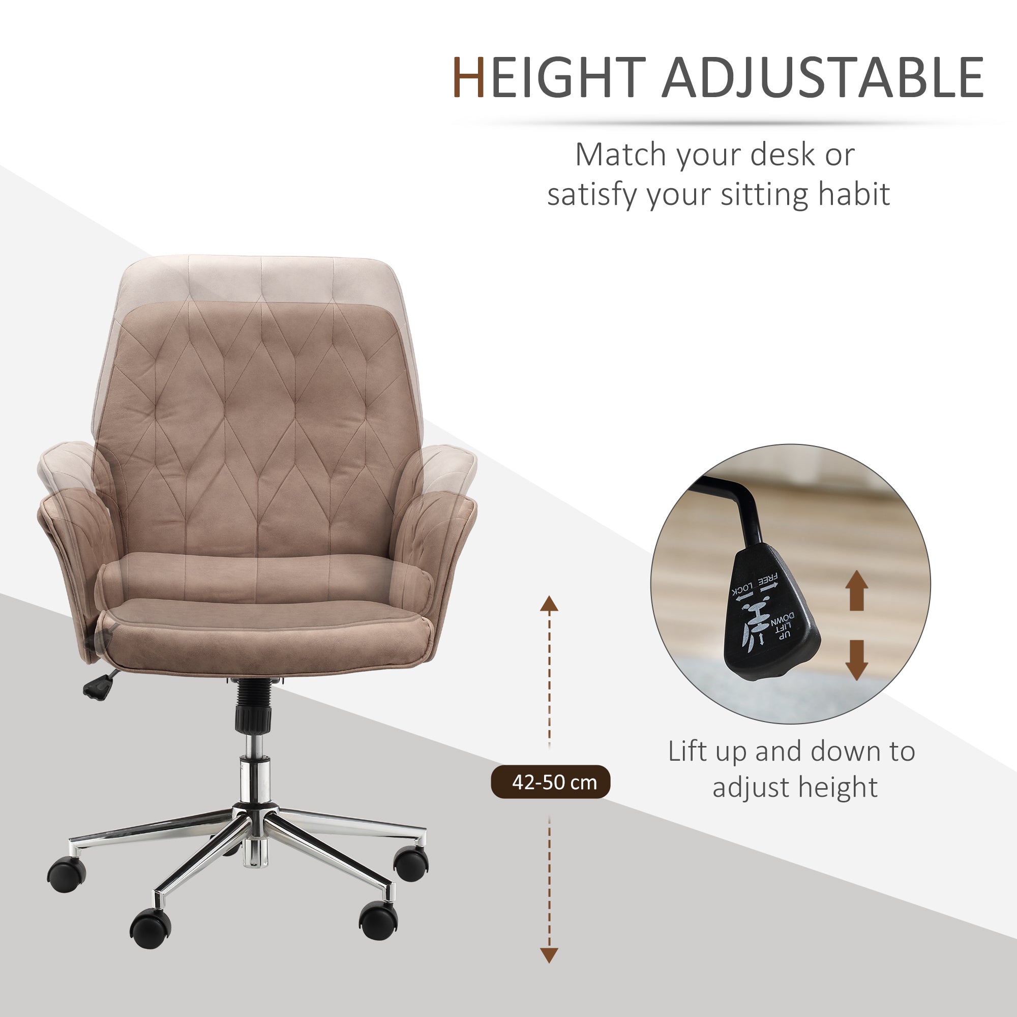 Vinsetto Office Desk Chair, Microfibre Vanity Chair with Height Adjustable, Armrest, Swivel Chair for Home, Coffee - North Peak Garden Furniture
