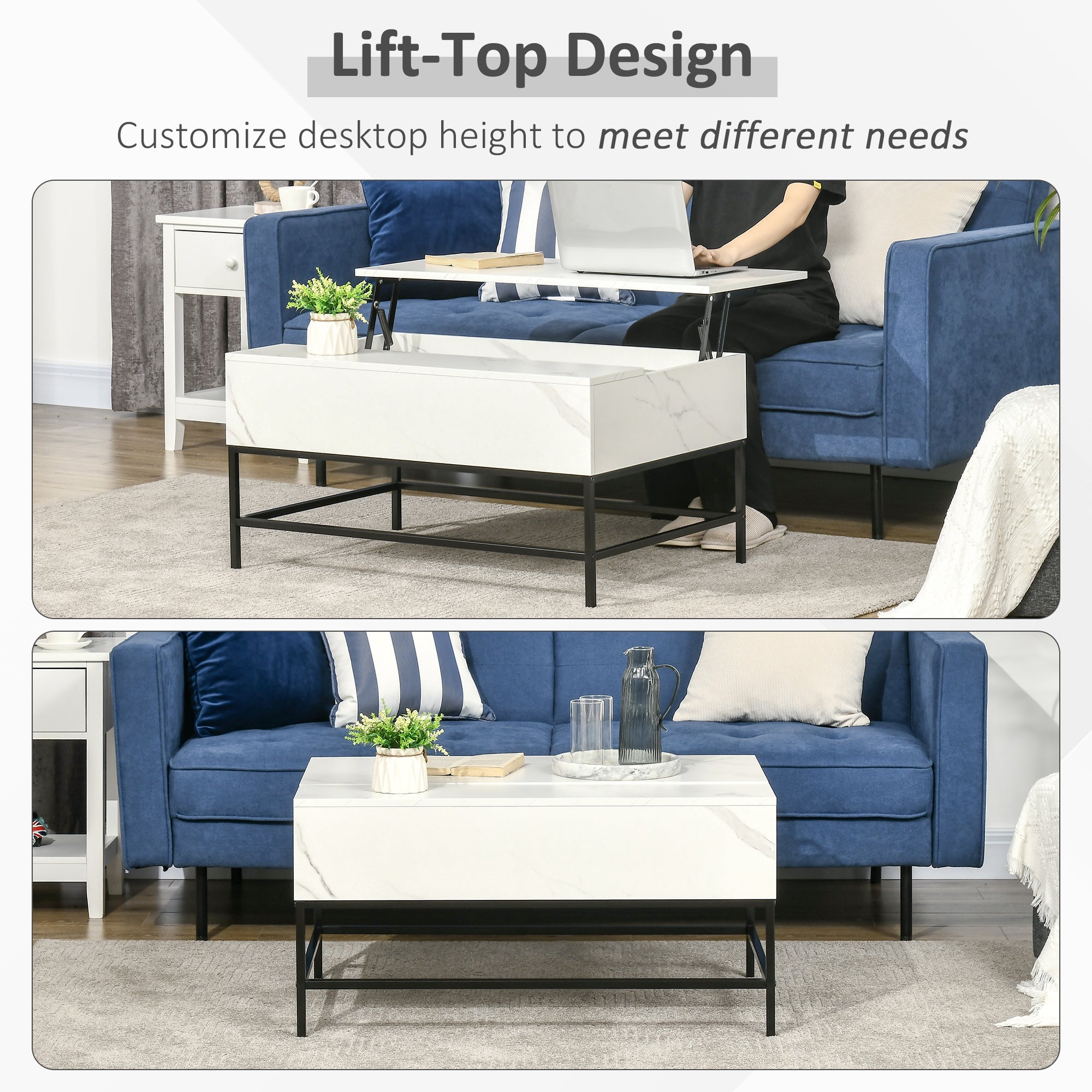 HOMCOM Modern Lifting Coffee Table with Hidden Compartment, Storage Coffee Table for Living Room, Faux Marble White - North Peak Garden Furniture