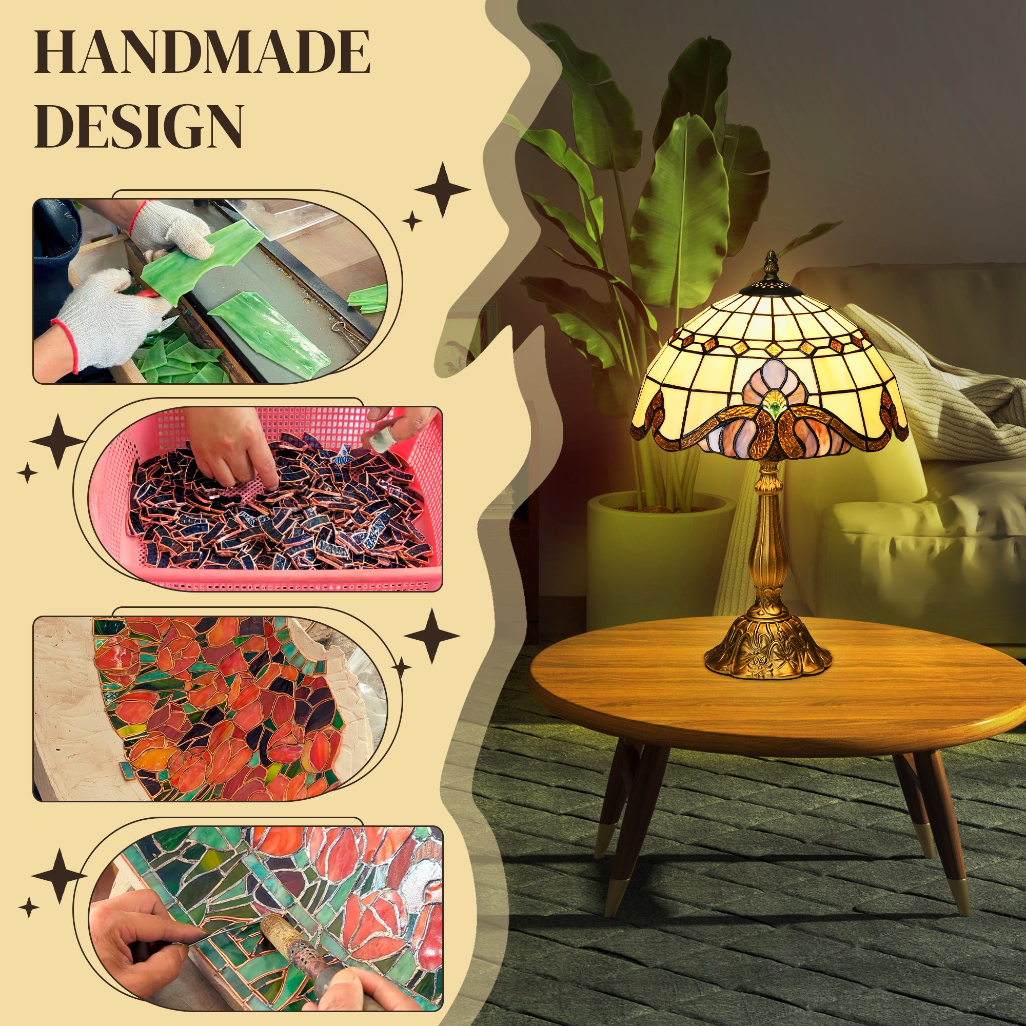 HOMCOM Stained Glass Table Lamp, Handmade Antique Bedside Lamp, Decorative Night Light for Bedroom, Living room, Home, Nightstand - North Peak Garden Furniture