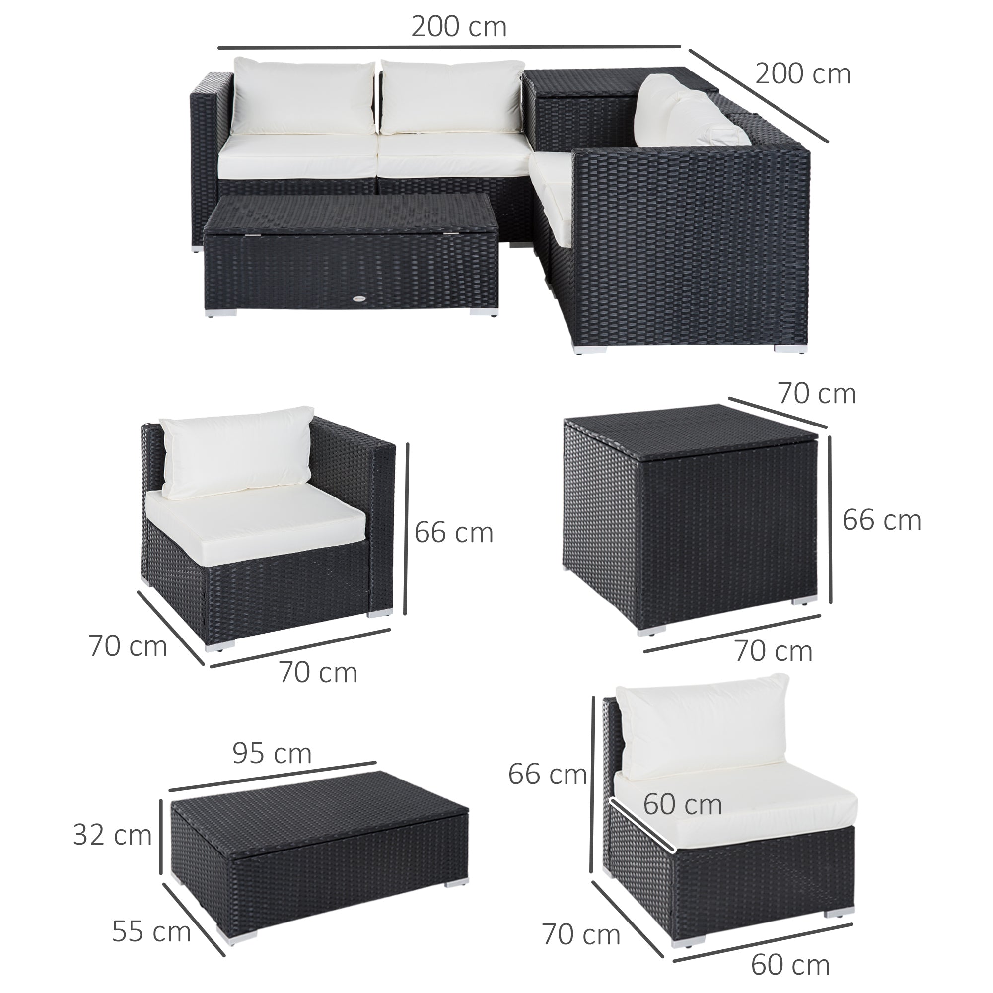 Outsunny 6PC Rattan Corner Sofa Set Wicker 4 Seater Garden Storage Coffee Table Conversation Ottoman Outdoor Weave Furniture w/ Cushion Black - North Peak Garden Furniture