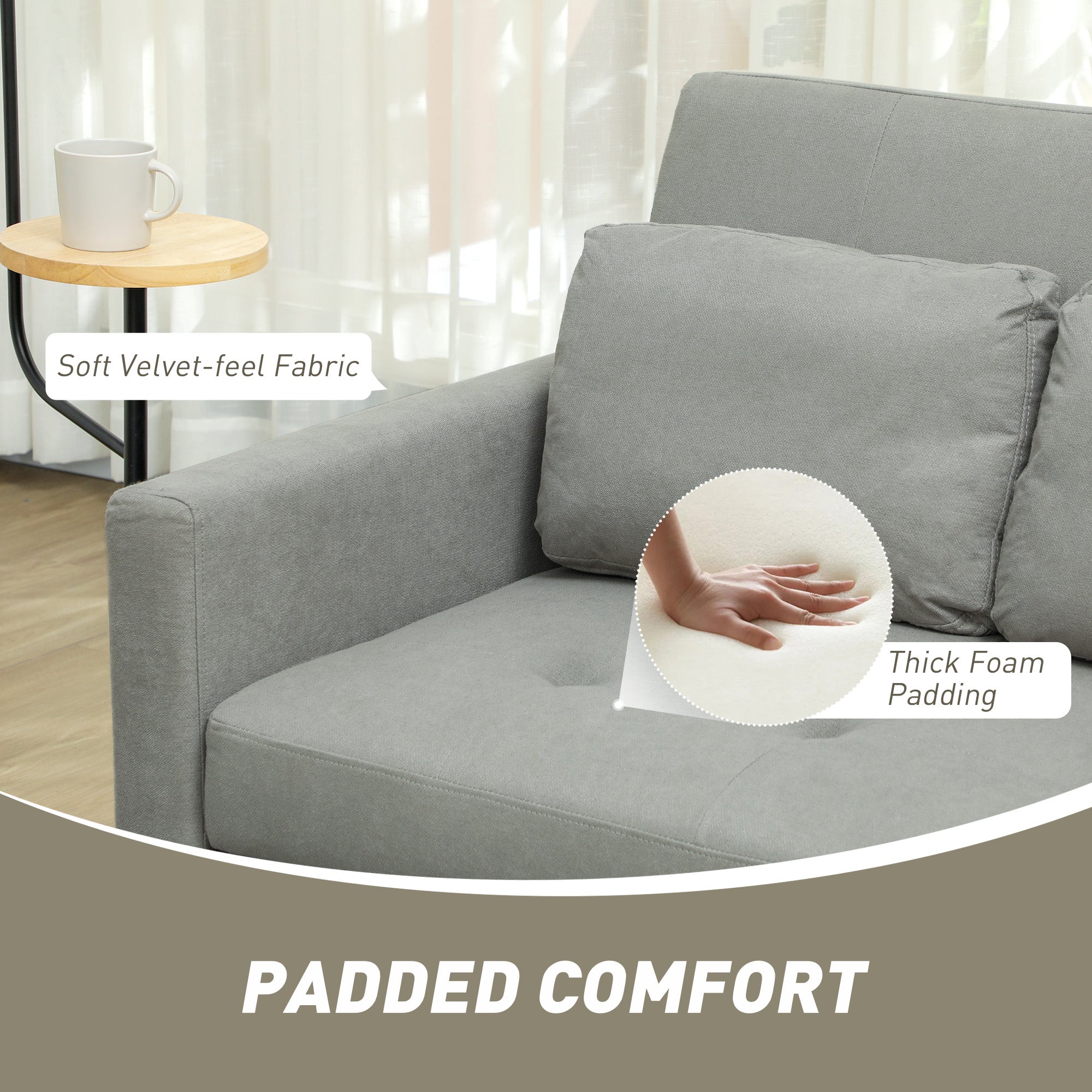 HOMCOM Velvet-Feel Two-Seater Sofa Bed - Light Grey - North Peak Garden Furniture