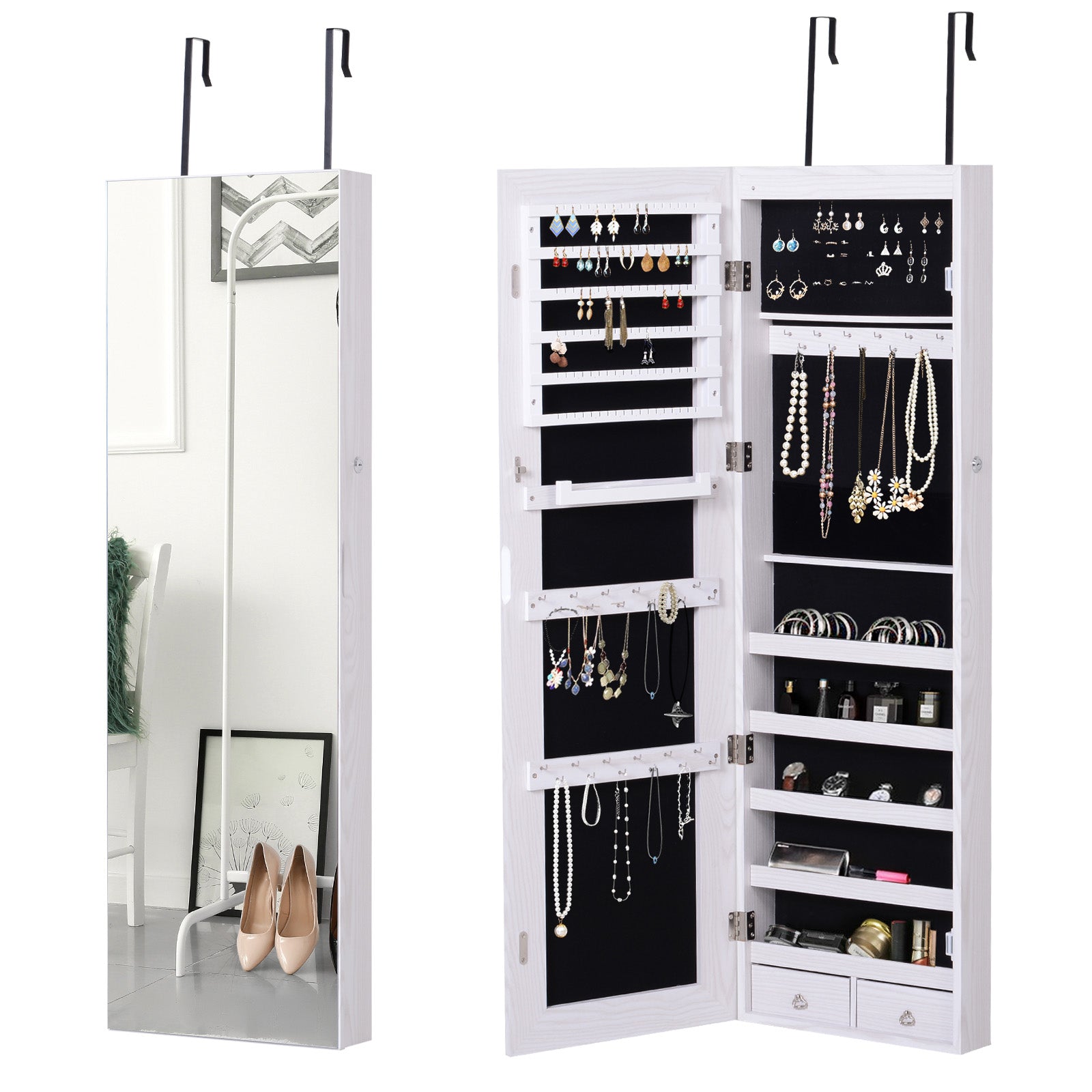 HOMCOM Jewelry Cabinet with Mirror and LED Lights, Lockable Makeup Cosmetics Jewellery Organiser, Mirror with Storage for Bedroom Dressing Room, White