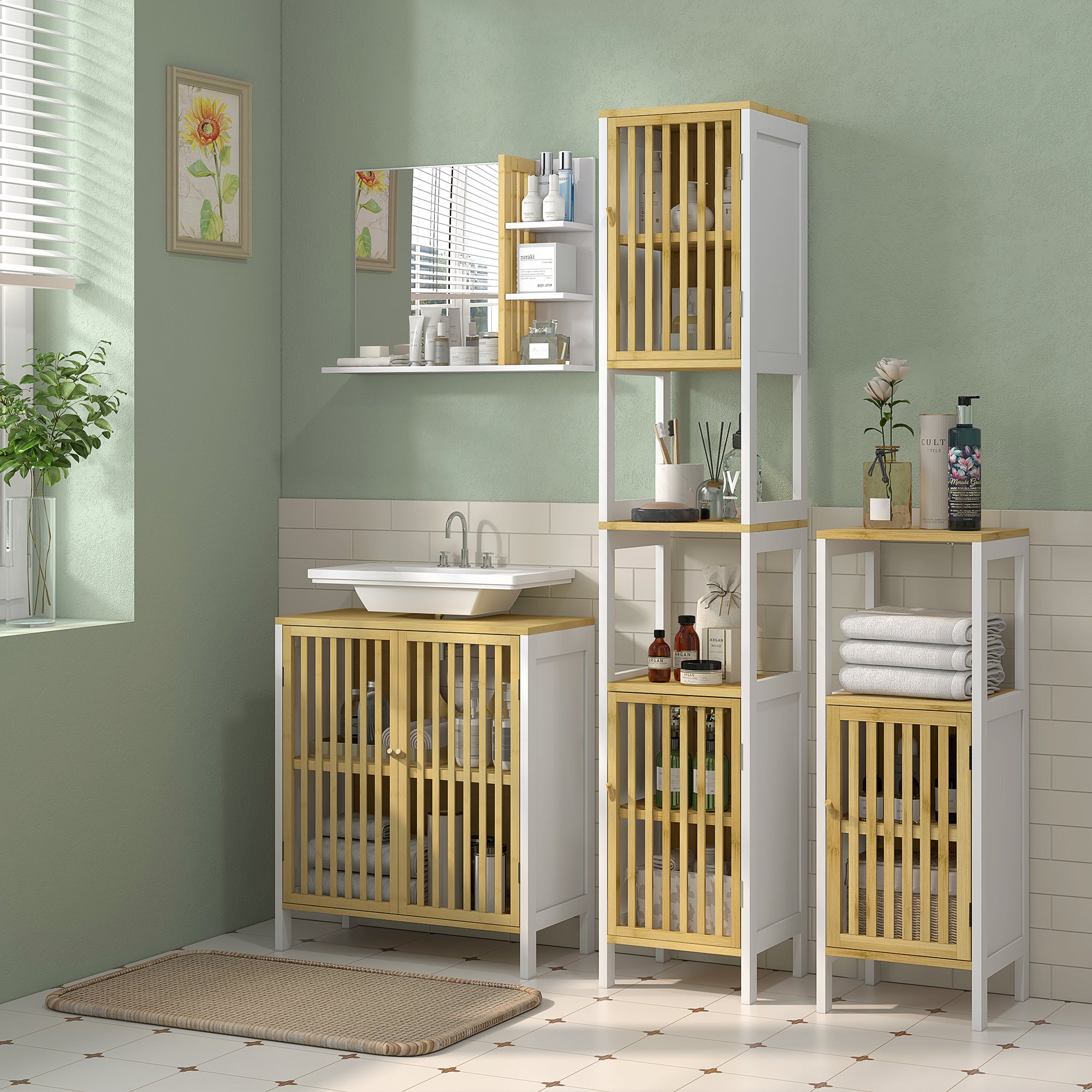 HOMCOM Bamboo-Blend Retro Cut-Out Under Sink Cabinet - North Peak Garden Furniture