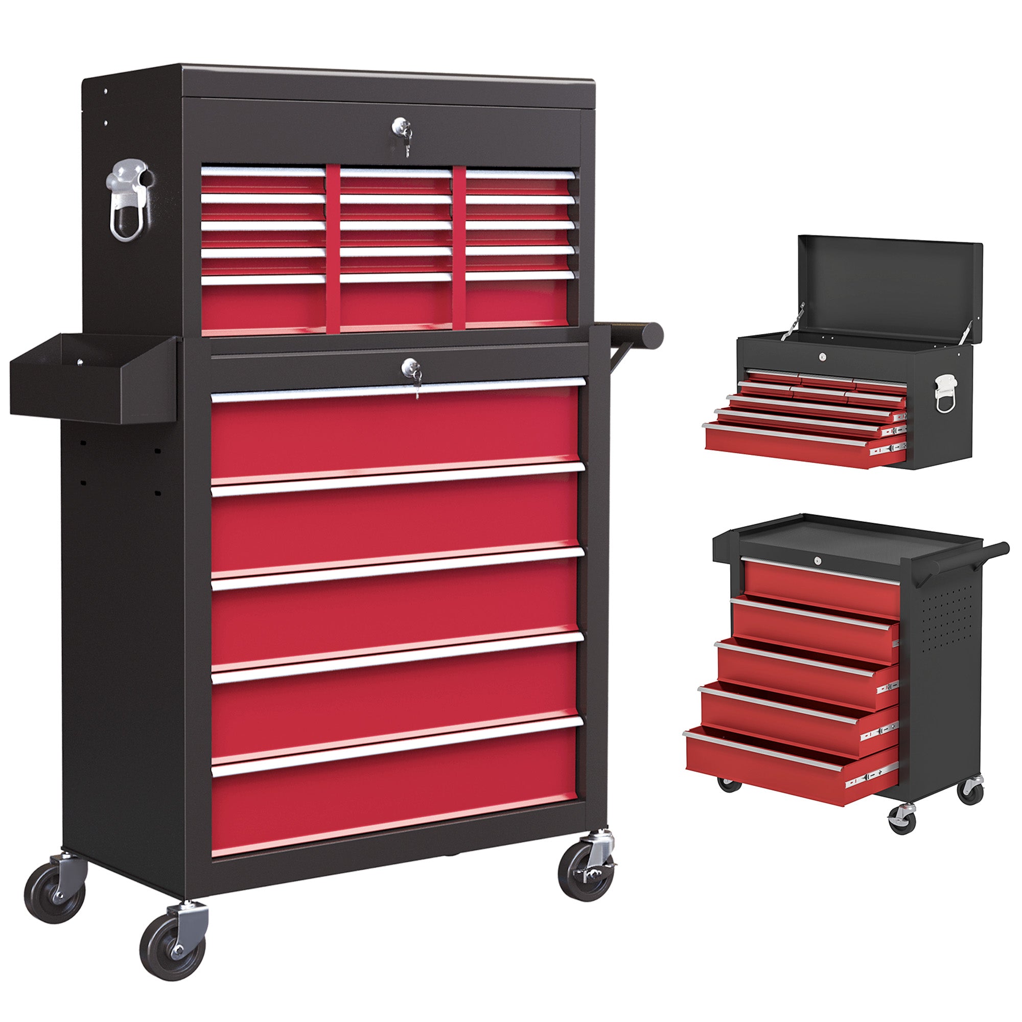 HOMCOM 19 Drawer, Two-Part Tool Storage Chest on Wheels - Red - North Peak Garden Furniture