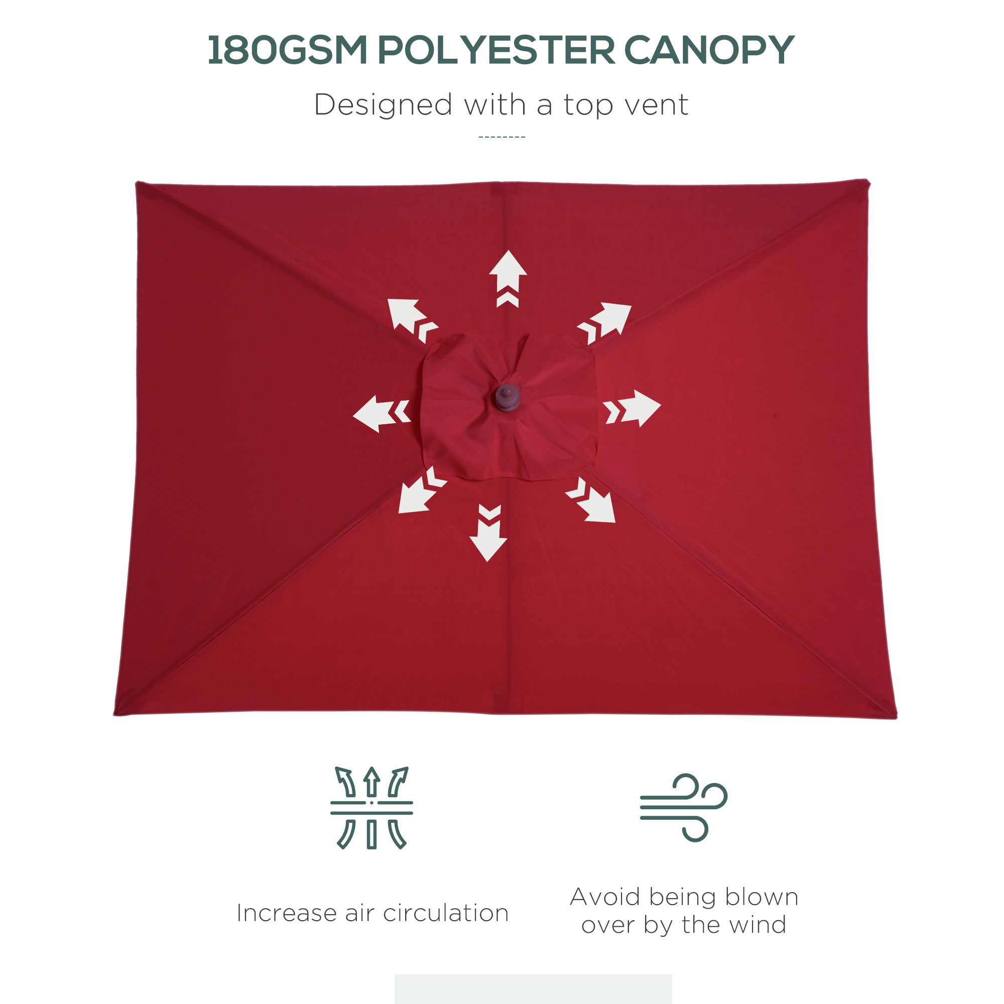 Outsunny 2m x 1.5m Garden Parasol Umbrella with Tilting Sunshade Canopy, Outdoor Market Table Umbrella with Wood and Bamboo Frame, Wine Red - North Peak Garden Furniture