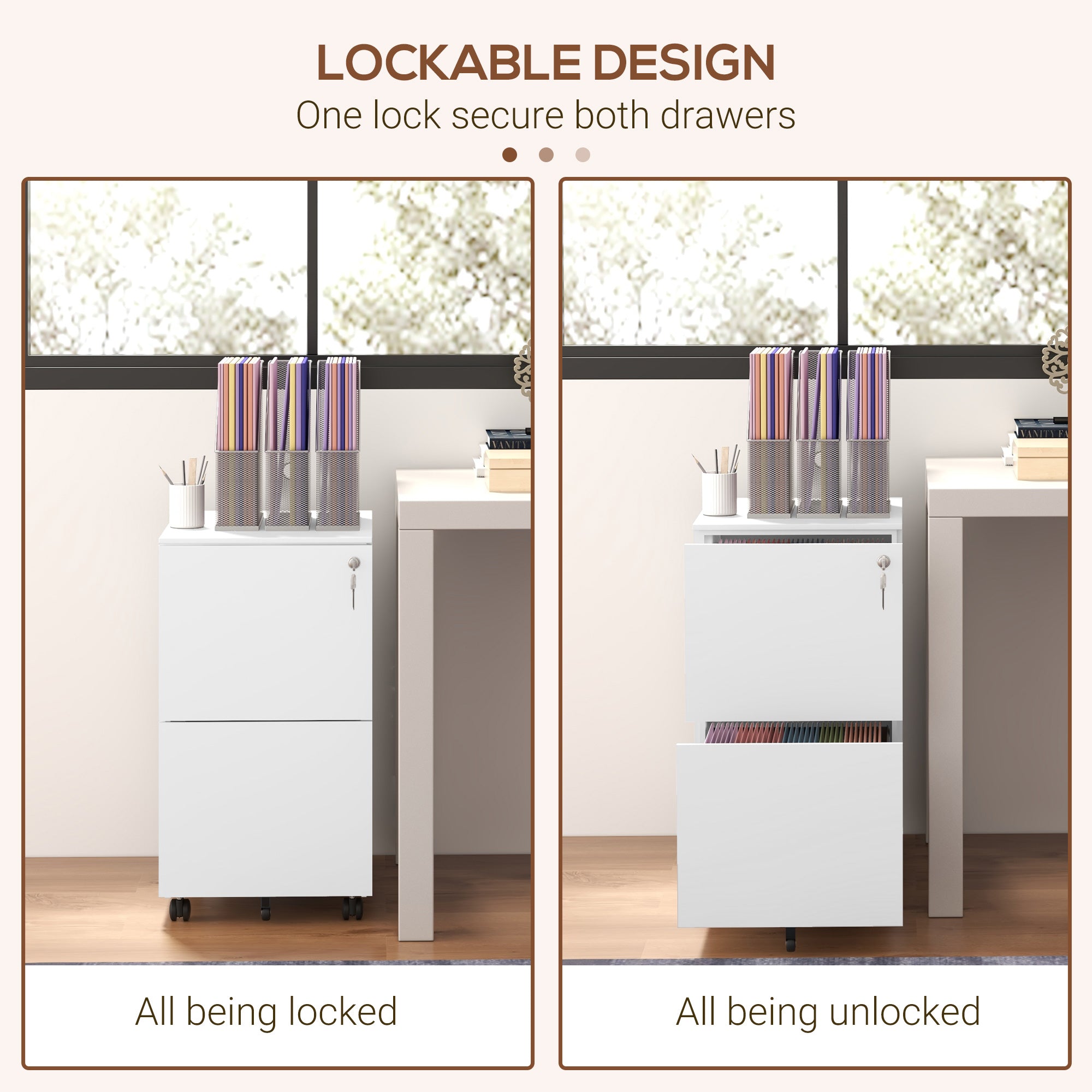Vinsetto 2-Drawer Vertical Filing Cabinet with Lock and 5 Wheels, Steel Mobile File Cabinet, for A4, Legal and Letter Size, Pre-Assembled Body, White - North Peak Garden Furniture