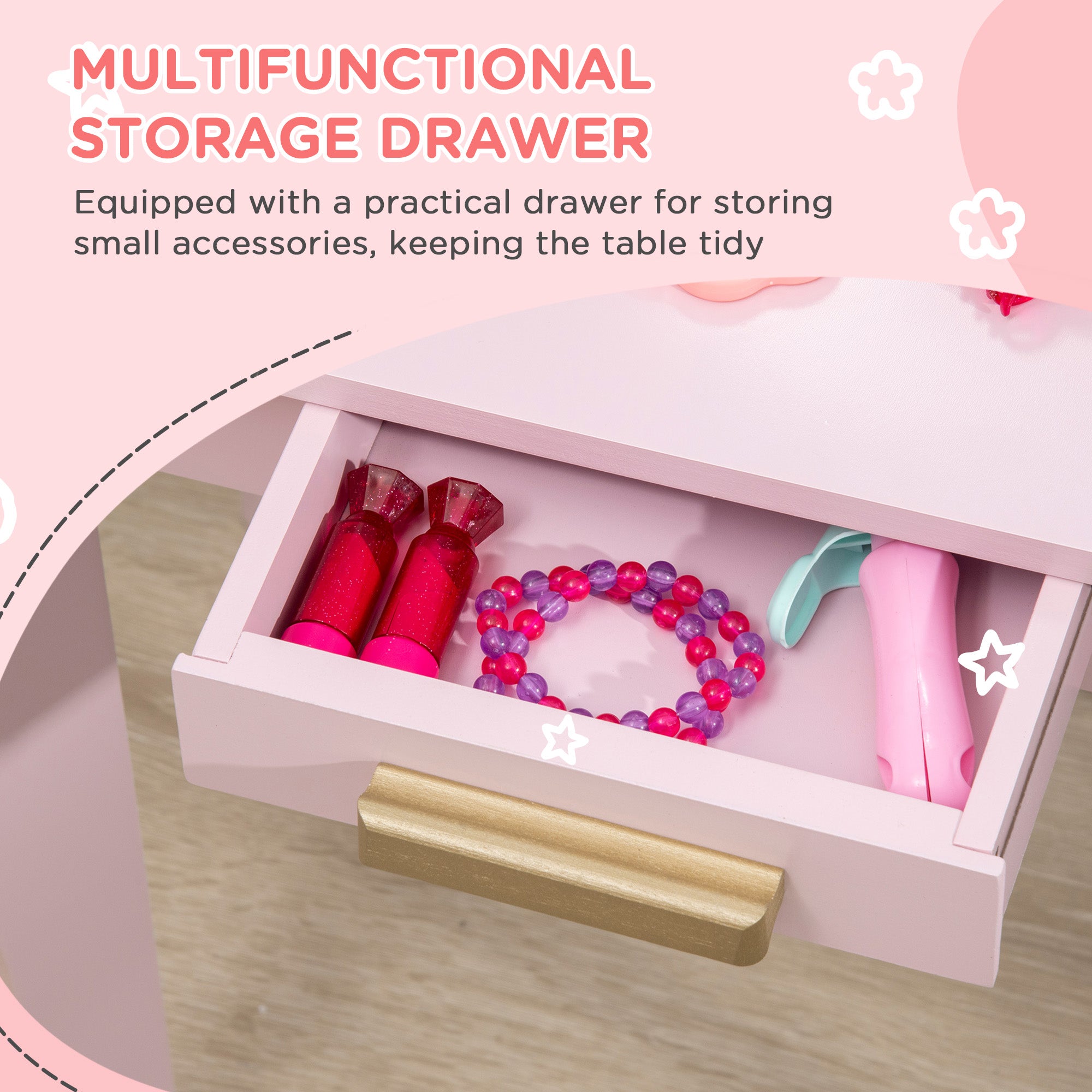 HOMCOM Kids Dressing Table Set, with Mirror and Drawer - Pink - North Peak Garden Furniture