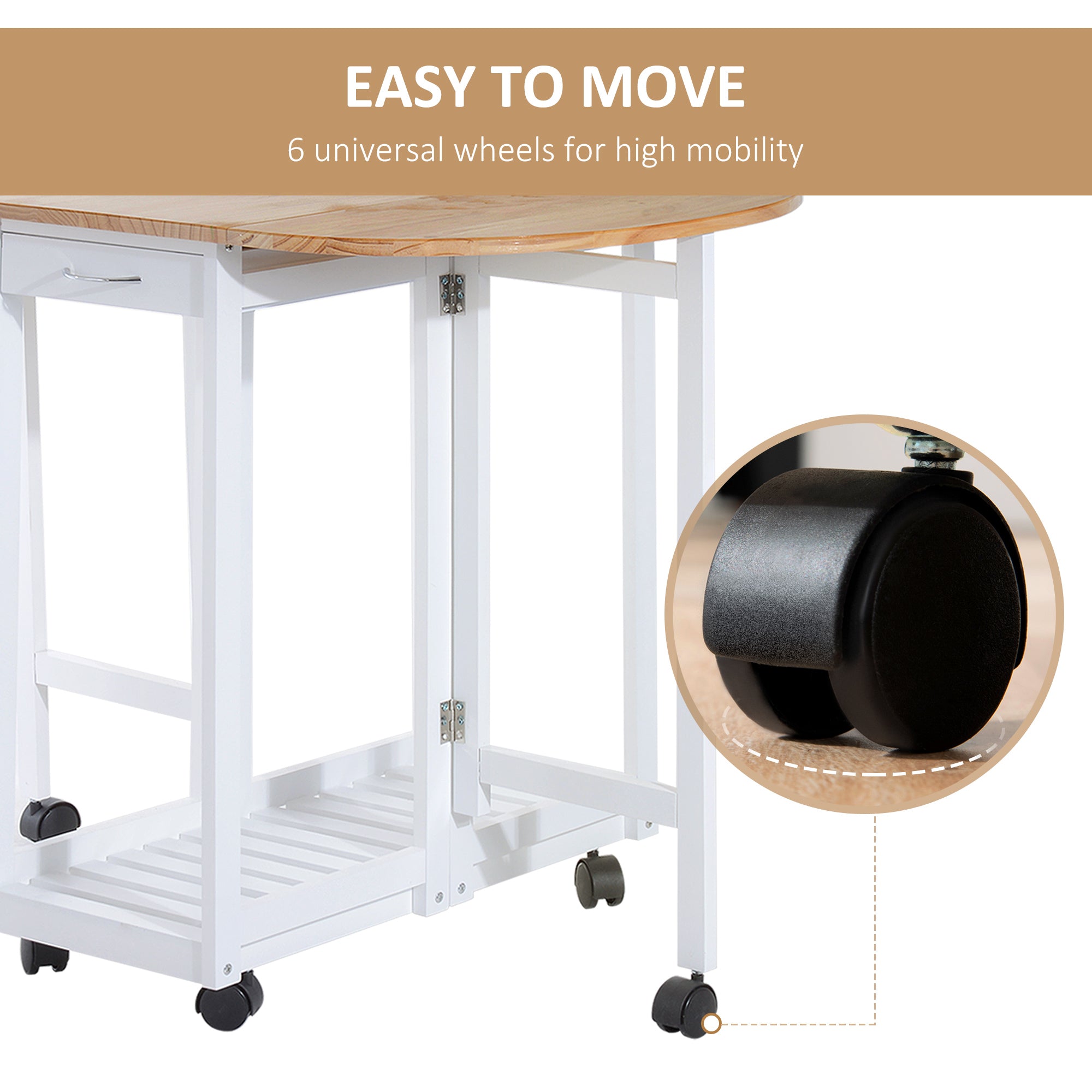 HOMCOM 3PC Wooden Kitchen Cart Mobile Rolling Trolley Folding Bar Table Two Stools Dining Chair Storage Shelf w/2 Drawers & 6 Wheels - North Peak Garden Furniture