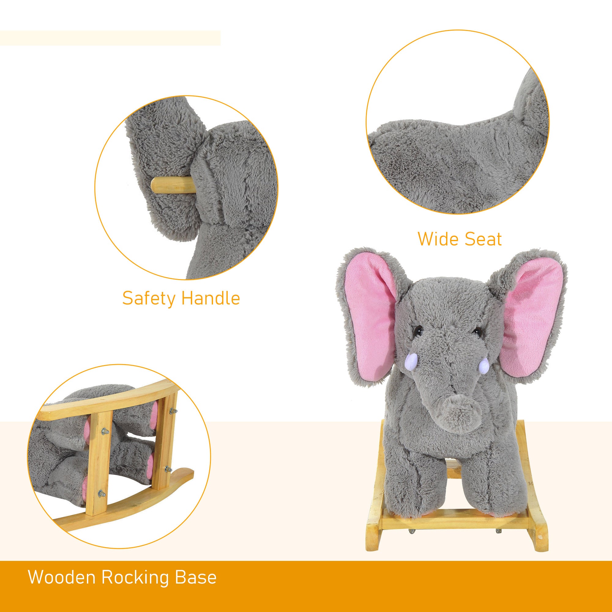 HOMCOM Kids Children Rocking Horse Plush Ride on Animal Wooden Riding Traditional Rocker Gift w/32 nursery rhymes (Grey Elephant) - North Peak Garden Furniture