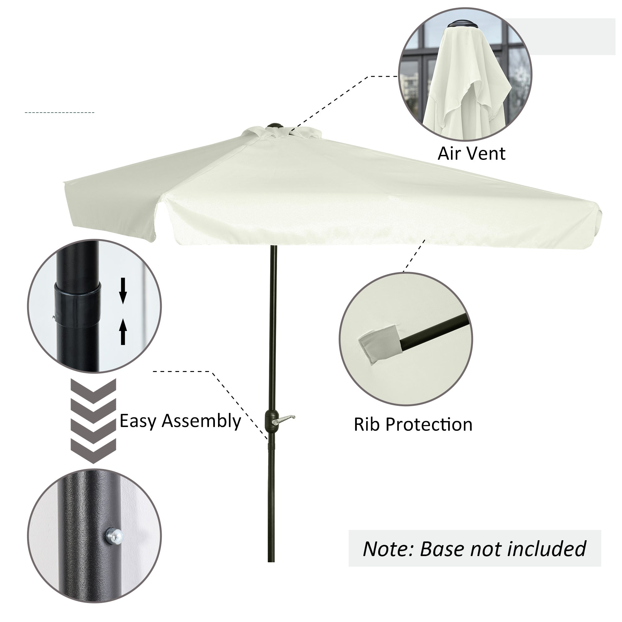 Outsunny 2.3m Half Parasol Semi Round Umbrella Patio Metal Frame Crank Handle for Balcony-- NO BASE INCLUDED, Off-White - North Peak Garden Furniture