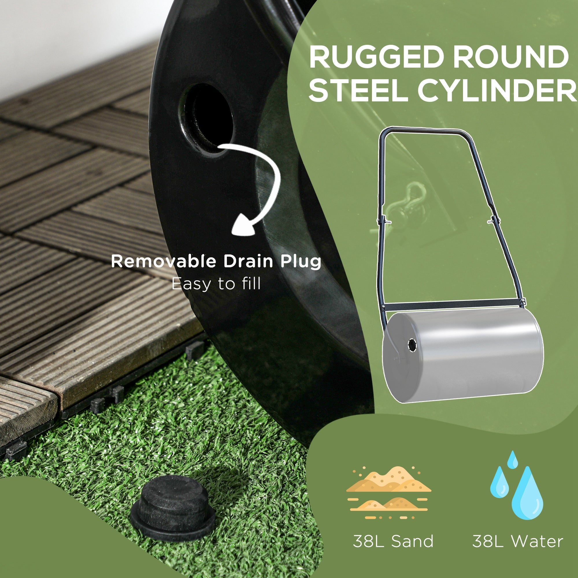 DURHAND 38L Heavy Duty Water or Sand Filled Garden Steel Lawn Roller Drum Φ50cm Black - North Peak Garden Furniture