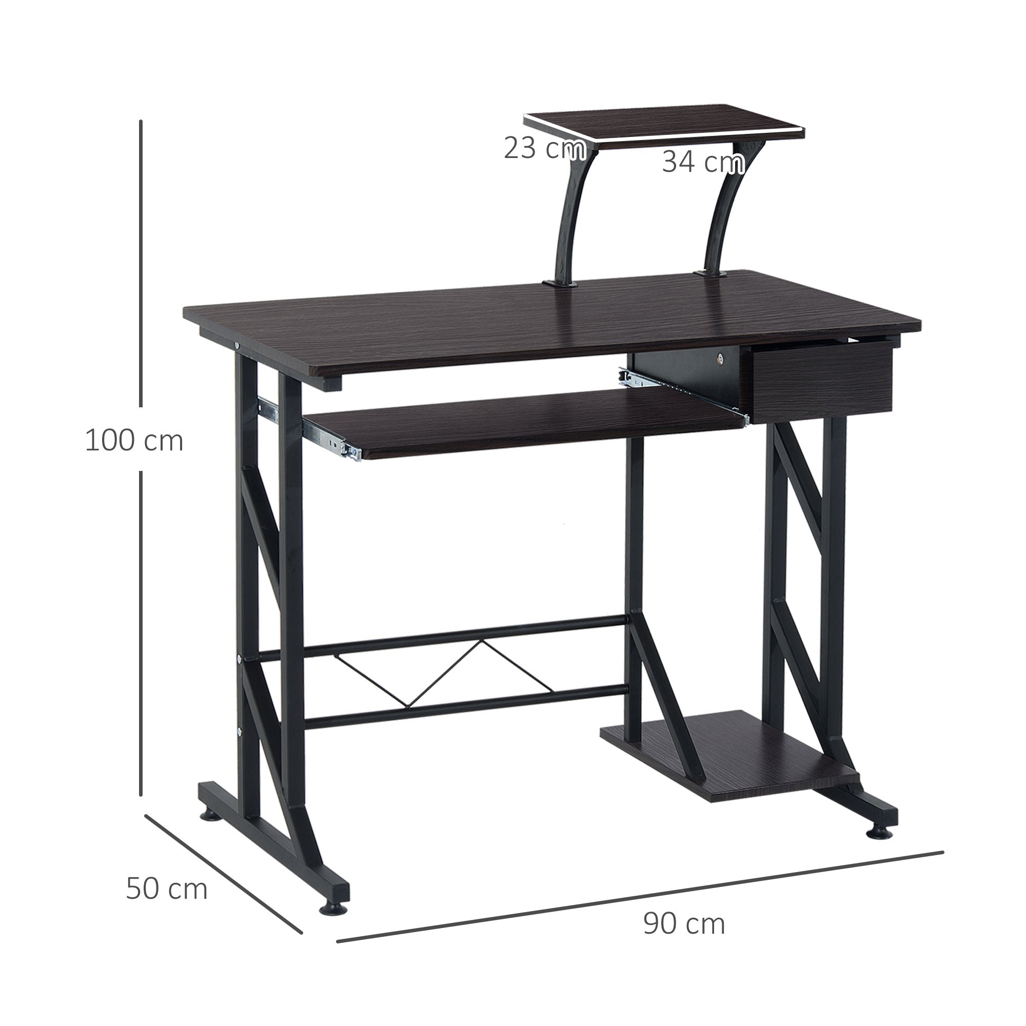 HOMCOM Computer Desk with Display Stand, Sliding Keyboard Tray Drawer and Host Box Shelf Home Office Workstation Dark Brown - North Peak Garden Furniture