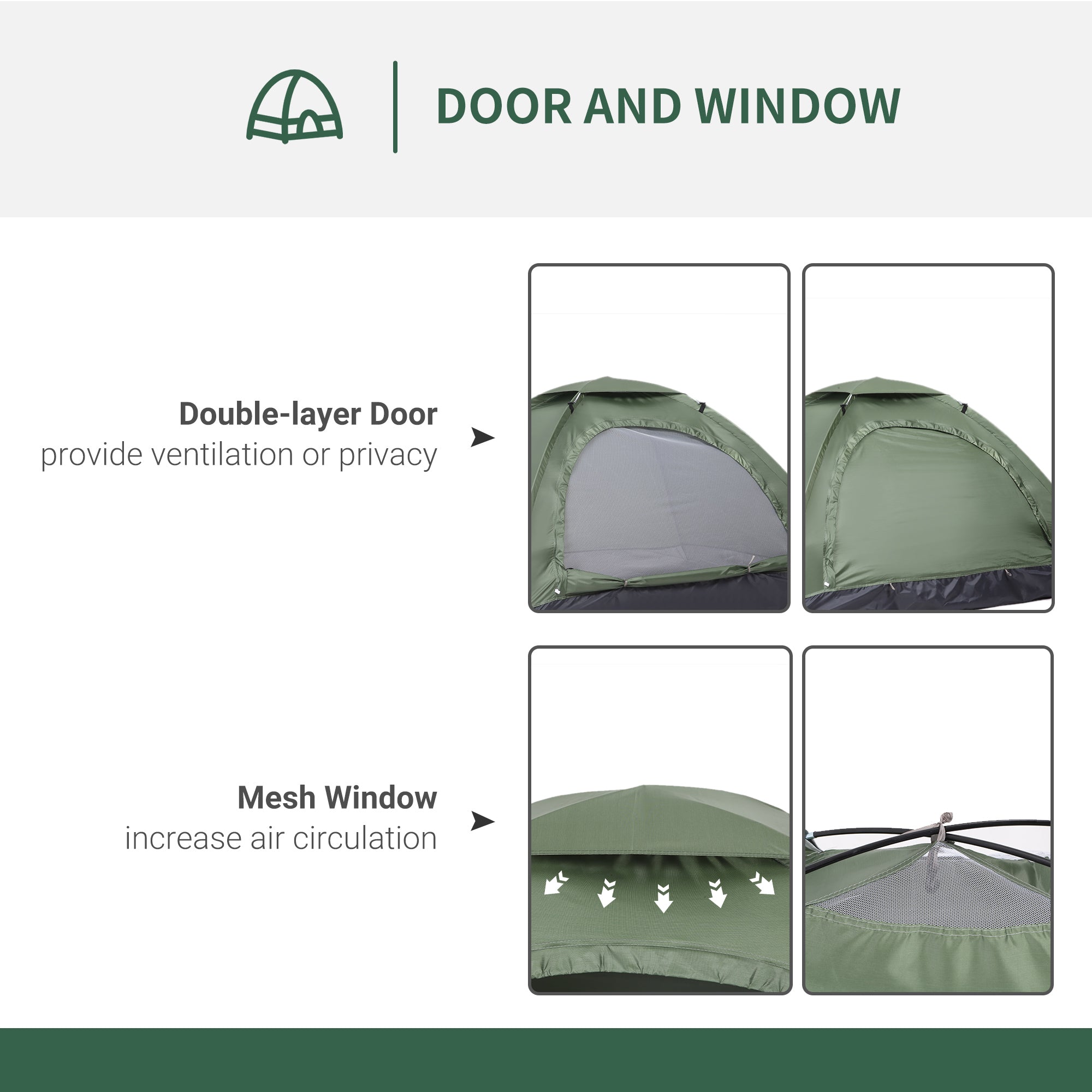Outsunny 2 Person Camping Tent, Camouflage Tent with Zipped Doors, Storage Pocket, Portable Handy Bag, Dark Green - North Peak Garden Furniture