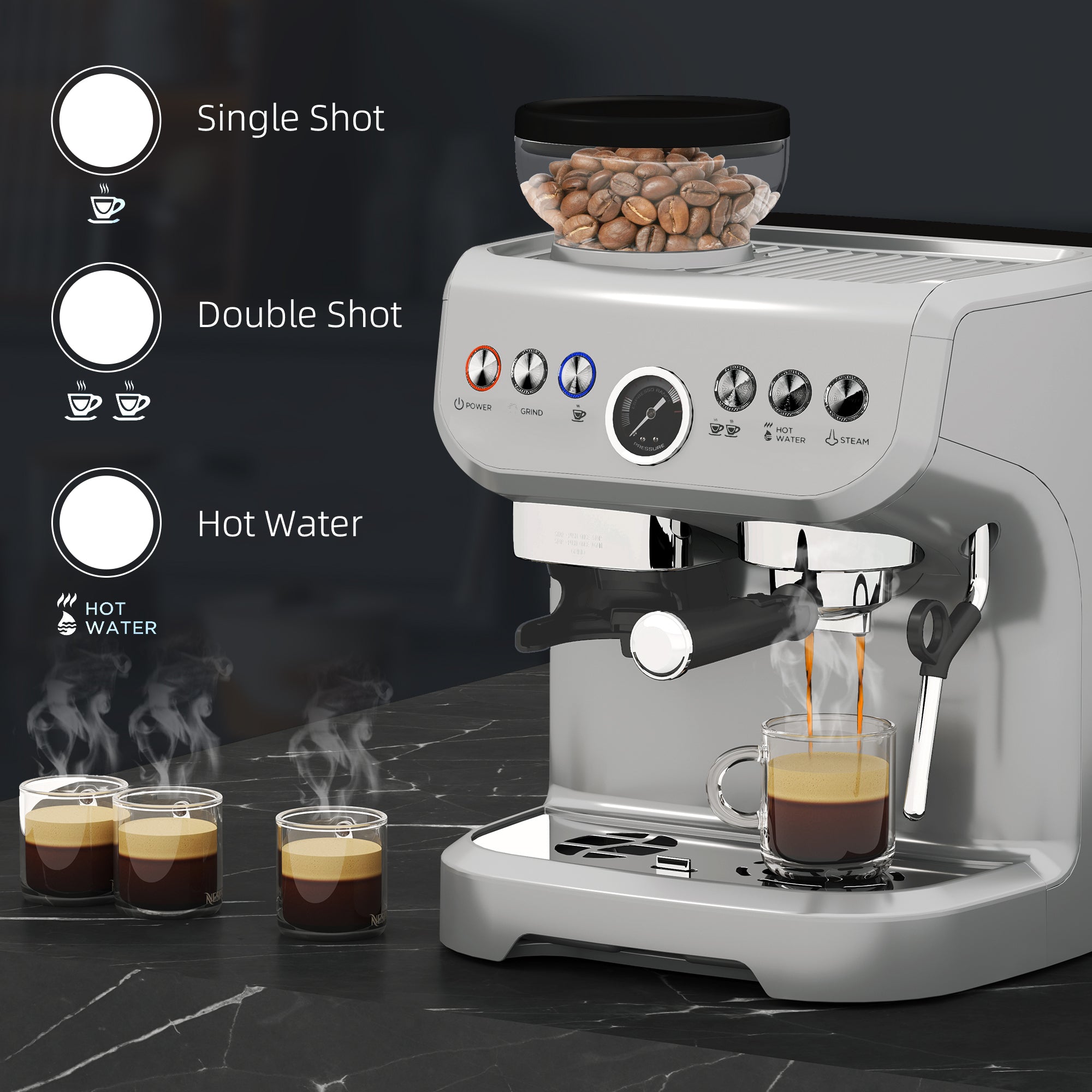 HOMCOM 15 Bar Coffee Machine, with Adjustable Grind, Steamer and Accessories - Silver Colour