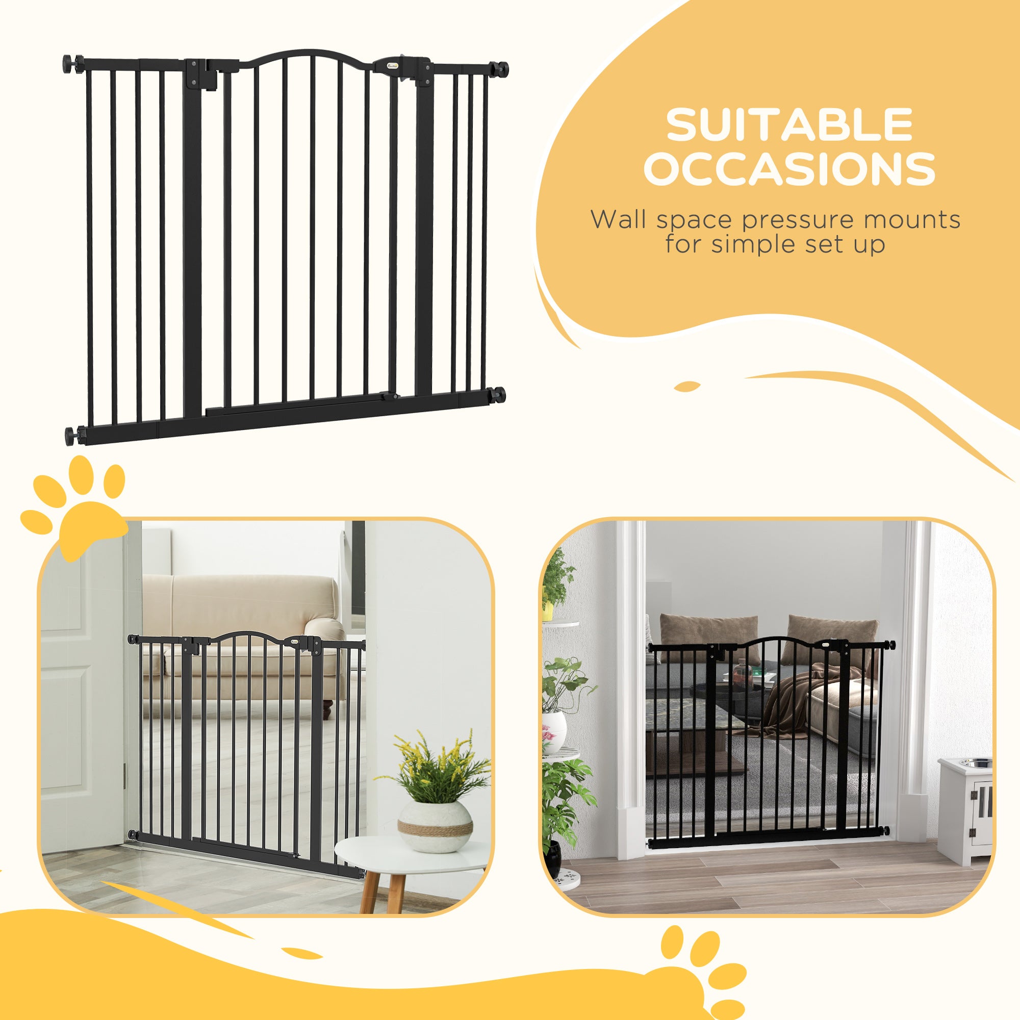 PawHut Metal 74-100cm Adjustable Pet Gate Safety Barrier w/ Auto-Close Door Black - North Peak Garden Furniture
