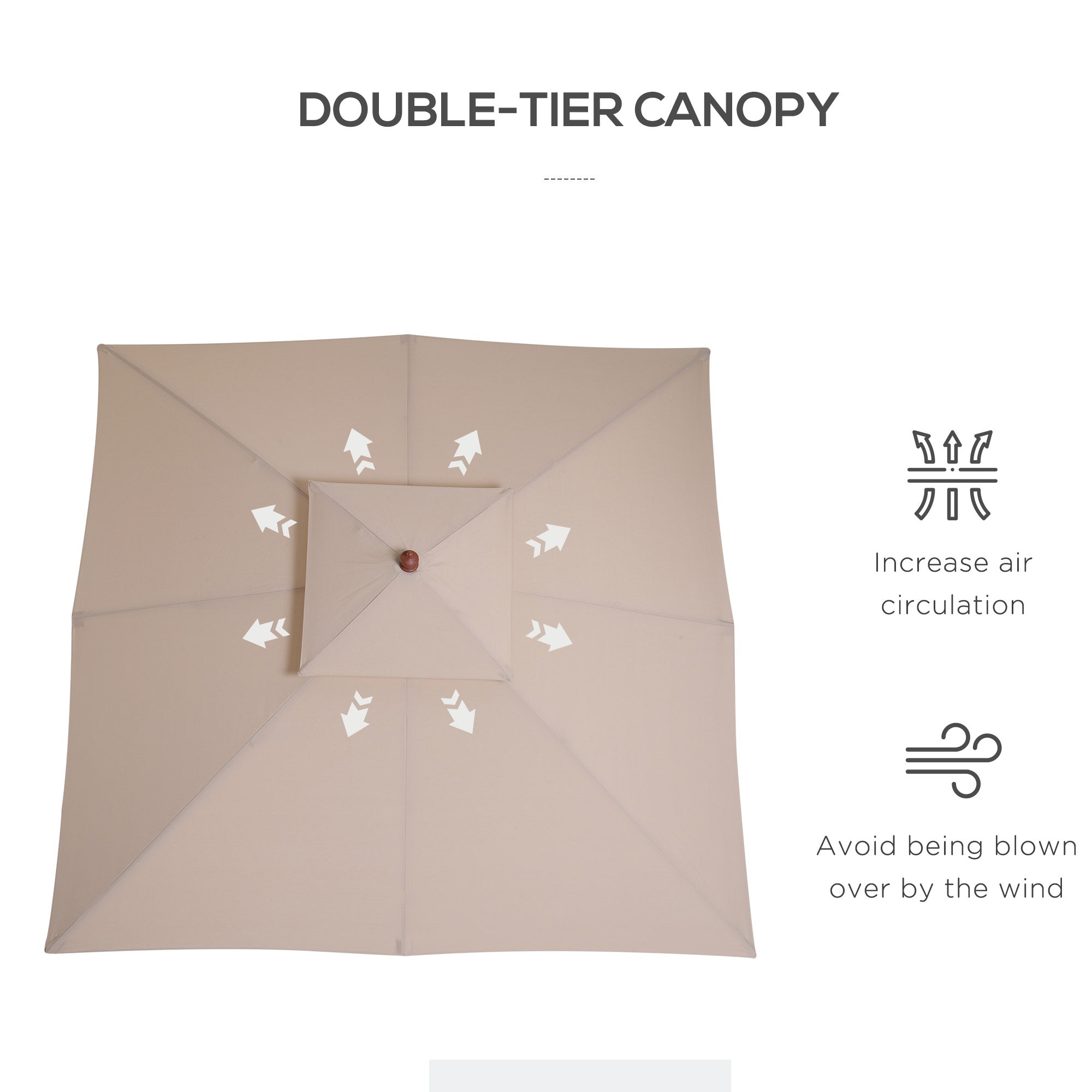 Outsunny 3 x 3 metre Patio Parasol Garden Umbrellas Sunshade Outdoor Wooden Parasol Canopy Double Tier, Beige, BASE NOT INCLUDED - North Peak Garden Furniture