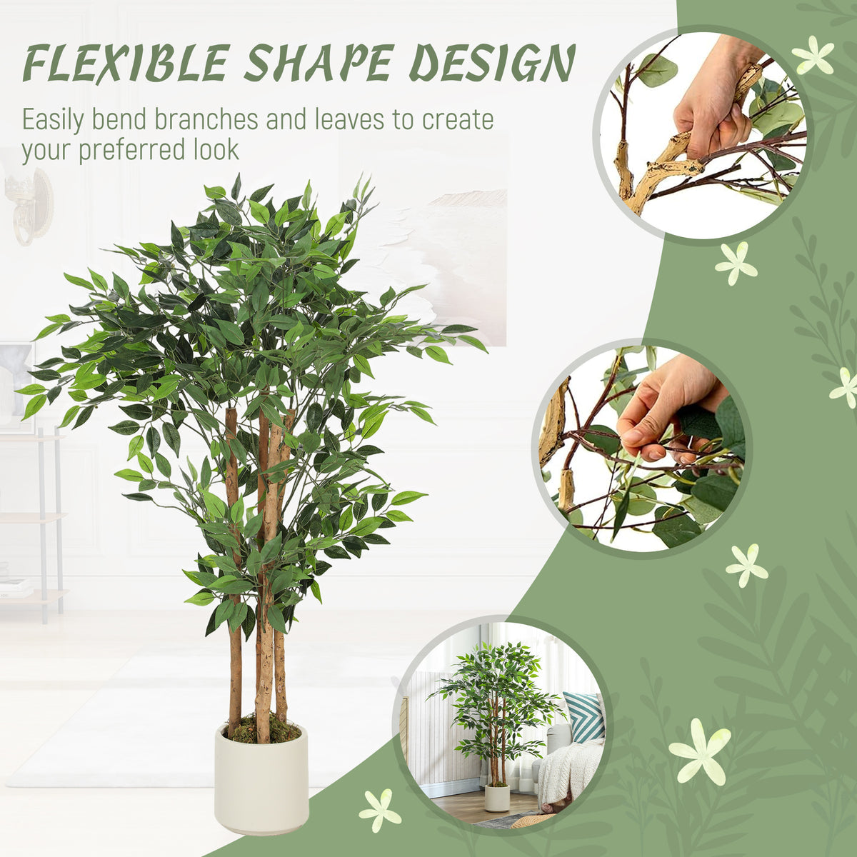HOMCOM 120cm Artificial Ficus Tree, Fake Potted Tree with Solid Wood Trunk and Pot for Indoor, Green