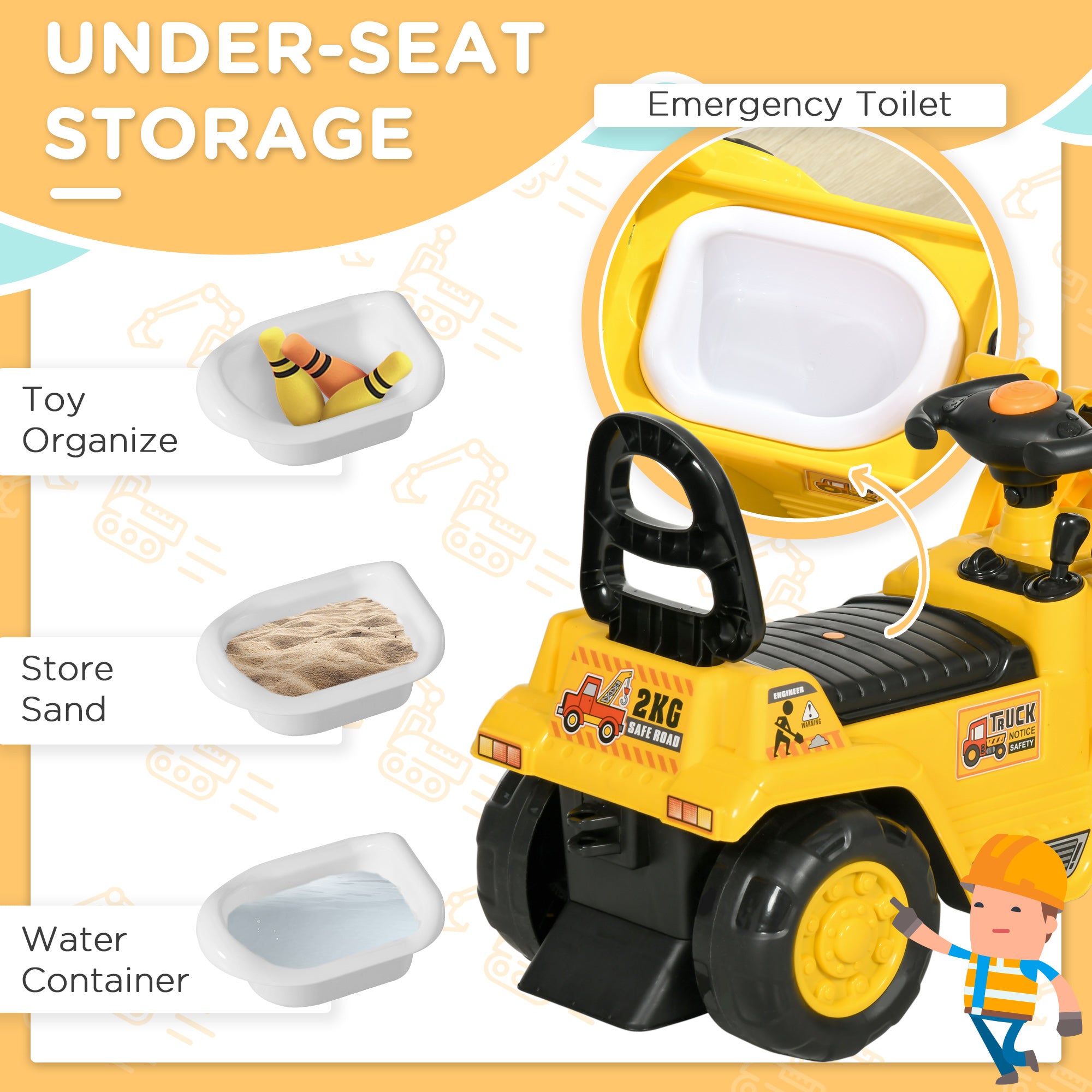HOMCOM NO POWER 3 in 1 Ride On Toy Bulldozer Toddler Digger Excavator Scooter Storage Cart Toilet Pretend Play Construction Truck - North Peak Garden Furniture