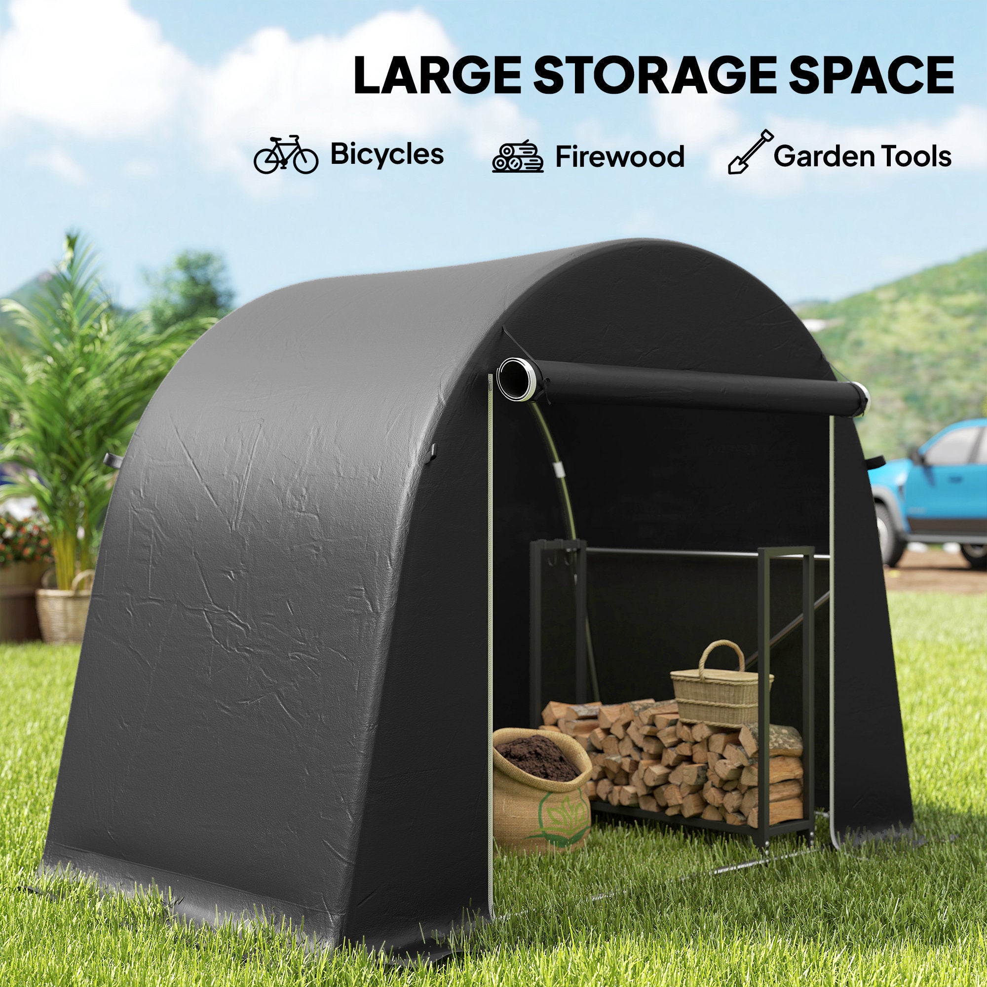 Outsunny 8 x 4 ft Garden Storage Tent, Waterproof Bike Tent with Roll-up Zipper Door and Galvanised Metal Frame, Dark Grey