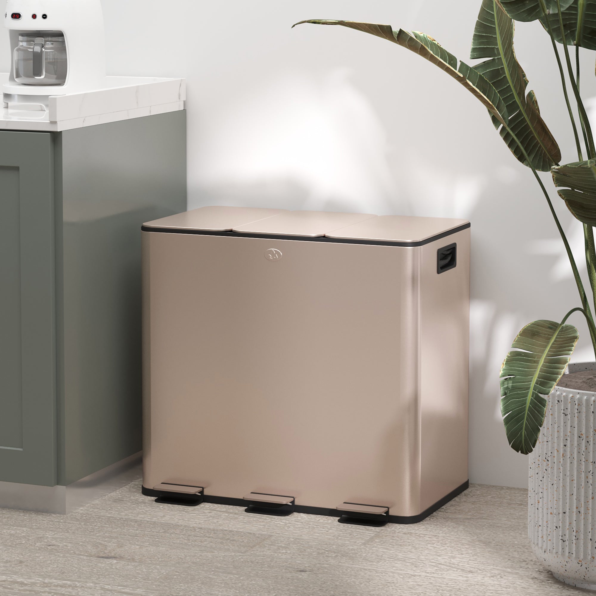HOMCOM 45L Triple Compartment Stainless Steel Bin, with Deodoriser Holders - Gold Tone - North Peak Garden Furniture
