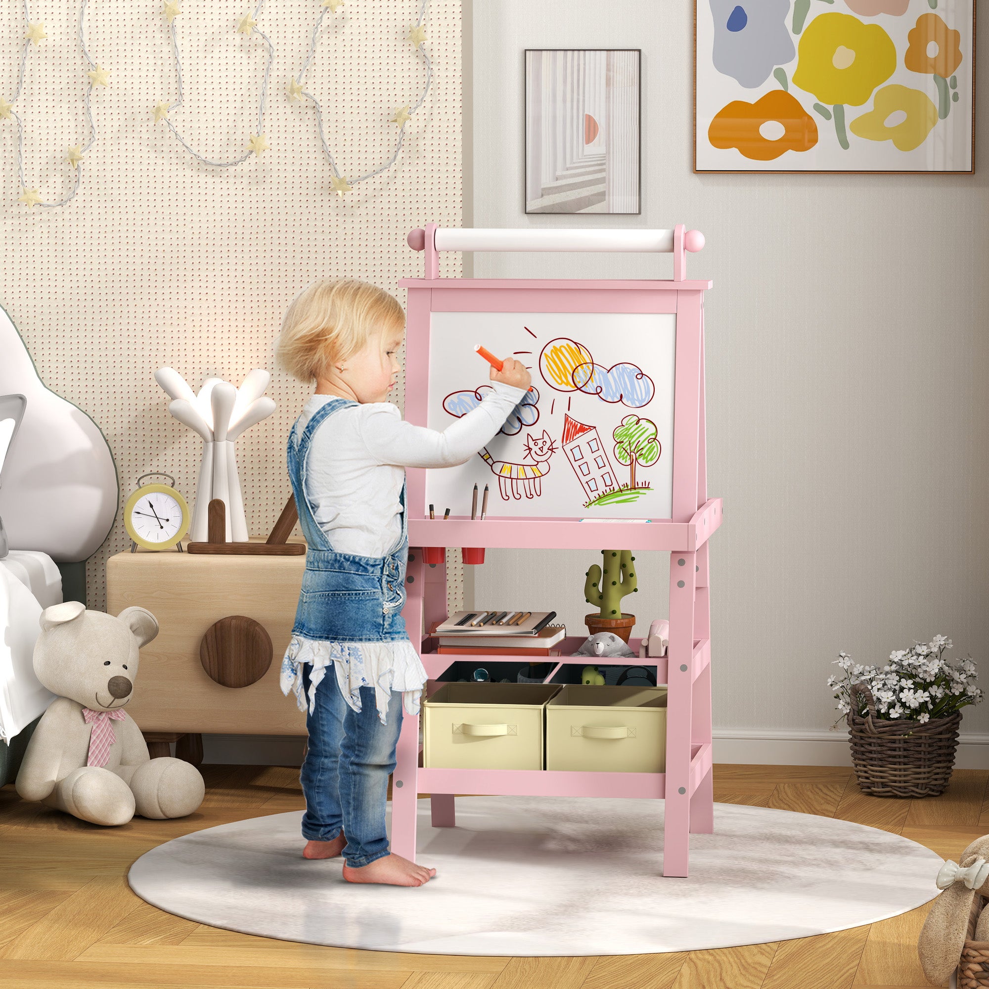 AIYAPLAY 3 in 1 Kids Easel Double-Sided Magnetic Whiteboard and Chalkboard with Paper Roll, Storage Baskets - Pink - North Peak Garden Furniture