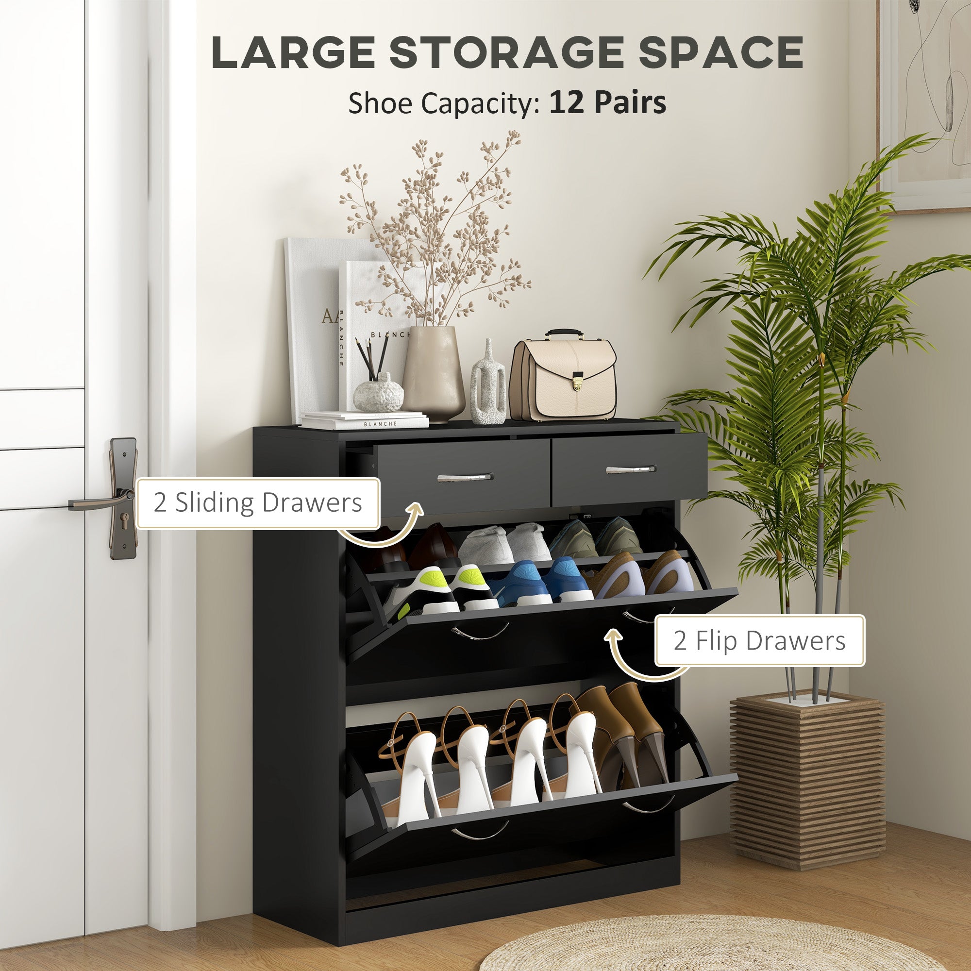 HOMCOM Narrow Shoe Storage with 2 Flip Drawers and Adjustable Shelves Shoe Cabinet Organizer for 12 Pairs of Shoes, Black - North Peak Garden Furniture