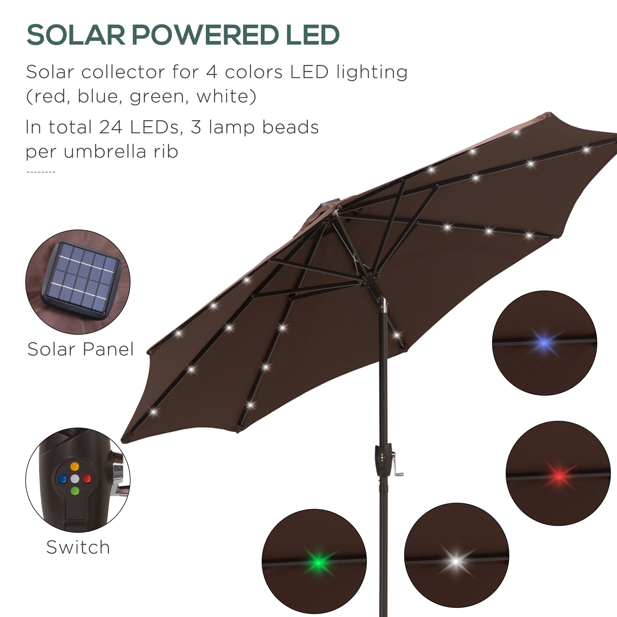 Outsunny Φ2.7m Garden 24 LED Light Parasol Solar Outdoor Tilt Sun Umbrella Patio Club Party Event Manual Sun Shade w/ Hand Crank and 8 Ribs, Brown
