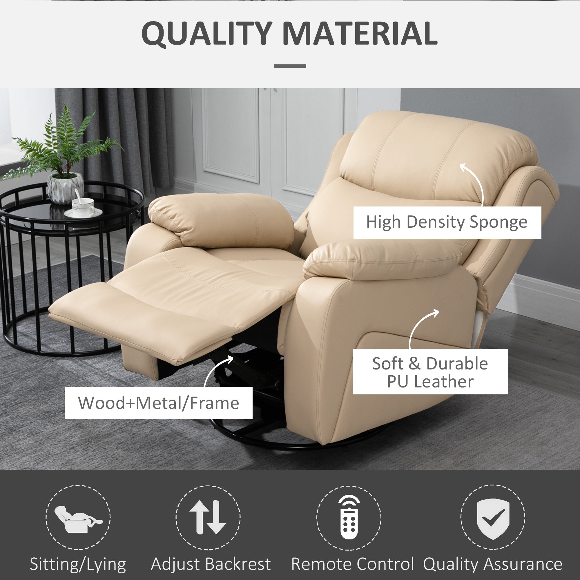 HOMCOM PU Leather Reclining Chair with 8 Massage Points and Heat, Manual Recliner with Swivel Base, Footrest and Remote, Beige - North Peak Garden Furniture