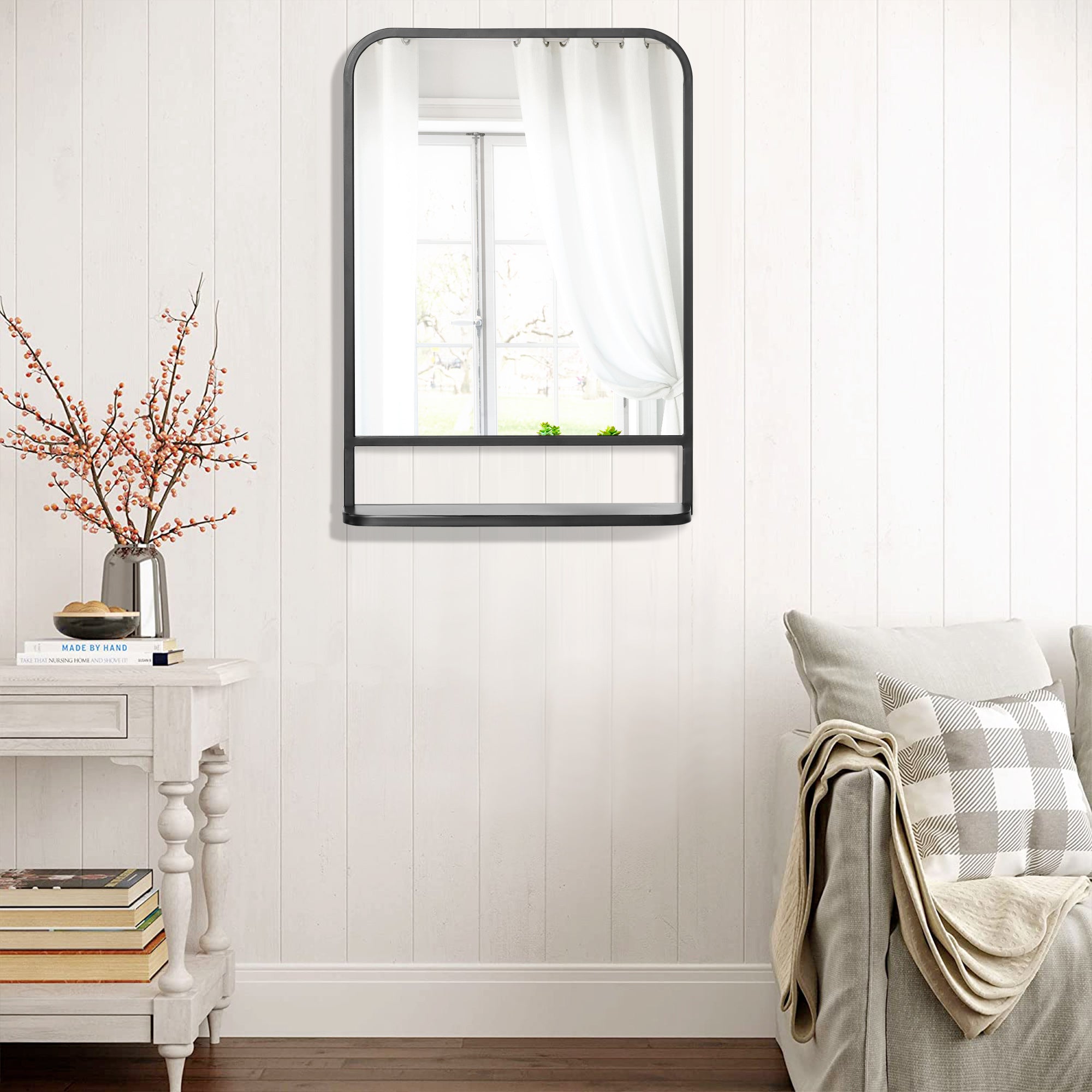HOMCOM Modern Square Wall Mirror with Storage Shelf, 70 x 50 cm Mirrors for Living Room, Bedroom, Black - North Peak Garden Furniture