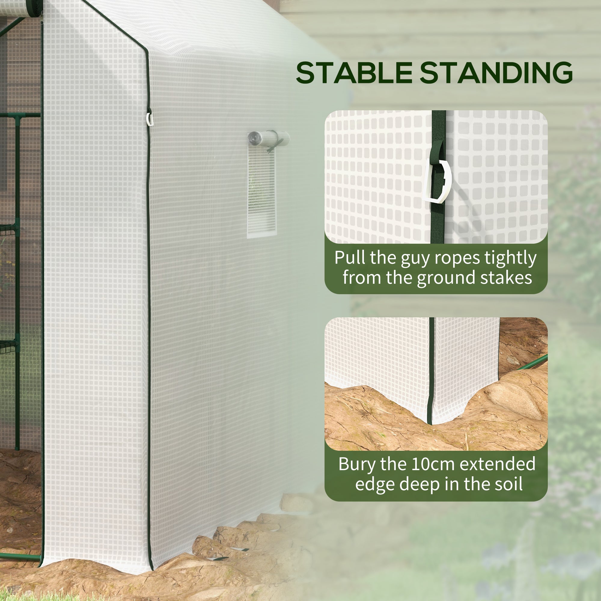 Outsunny Walk-in Greenhouse with 3 Tier Shelves, Outdoor Green House Garden Grow House with Reinforced PE Cover, Roll-up Door and Mesh Windows, 140 x 213 x 190cm, White - North Peak Garden Furniture