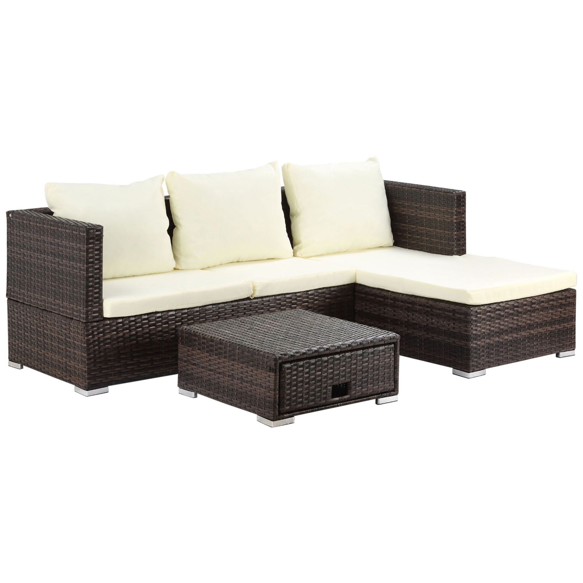 Outsunny 3PC Rattan Garden Furniture Storage Sofa Set 4 Seater Wicker Coffee Table Conservatory Sun Lounger Reclining Set Outdoor Weave with Cushion Brown - North Peak Garden Furniture
