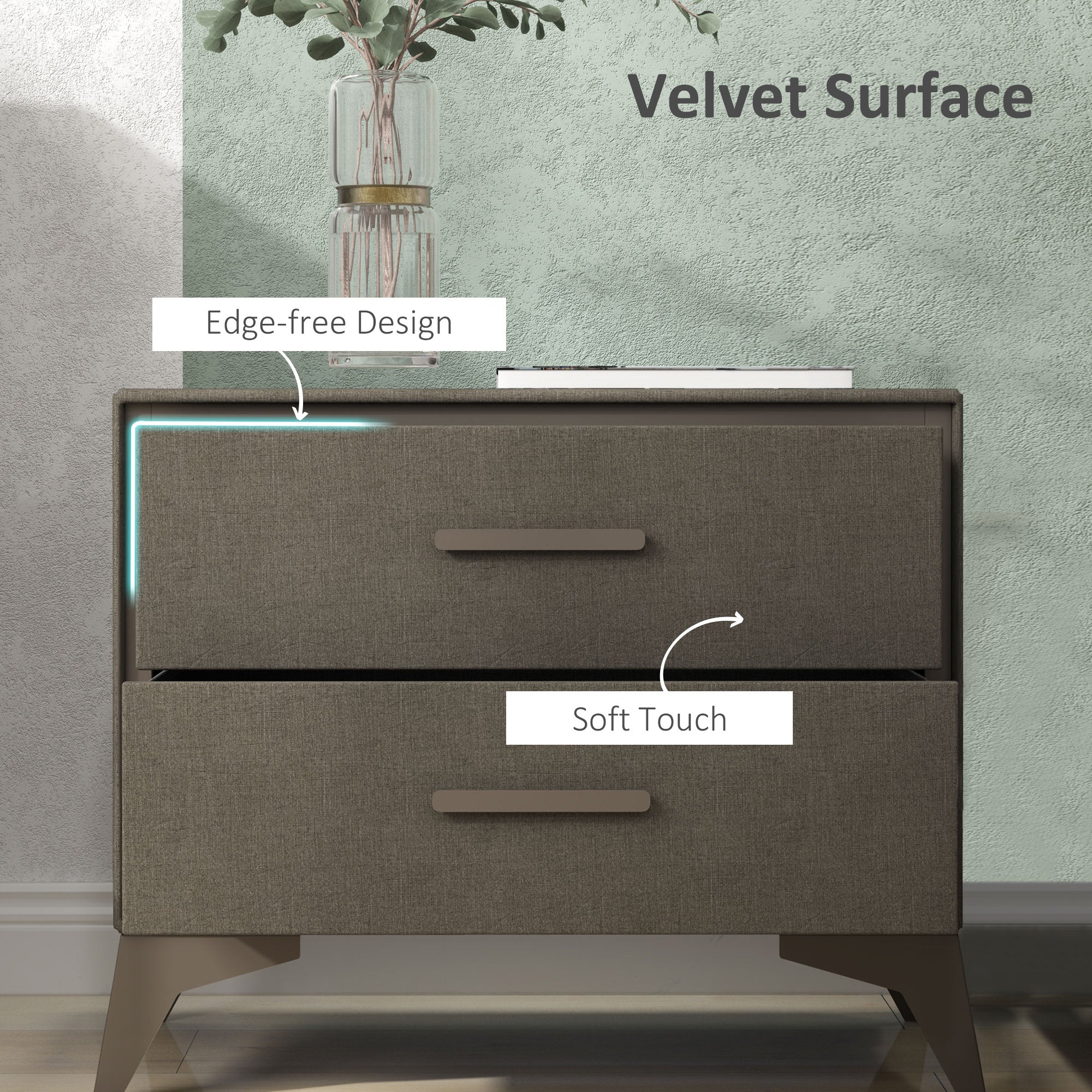 HOMCOM Velvet-Feel Chest of Two Drawers - Brown - North Peak Garden Furniture