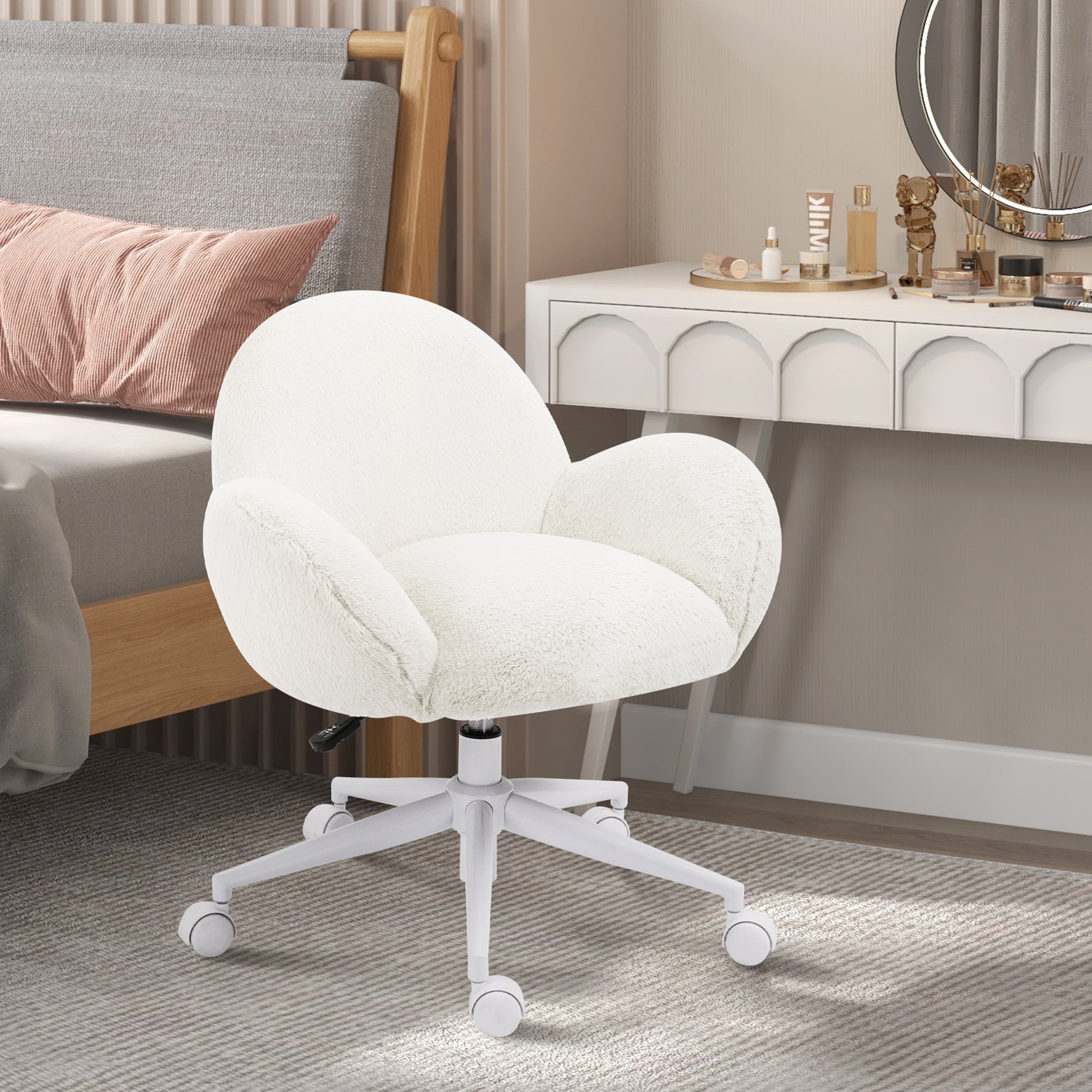HOMCOM Makeup Vanity Chair, Cute Fluffy Desk Chair with Rolling Wheels for Bedroom Living Room, Cream White - North Peak Garden Furniture
