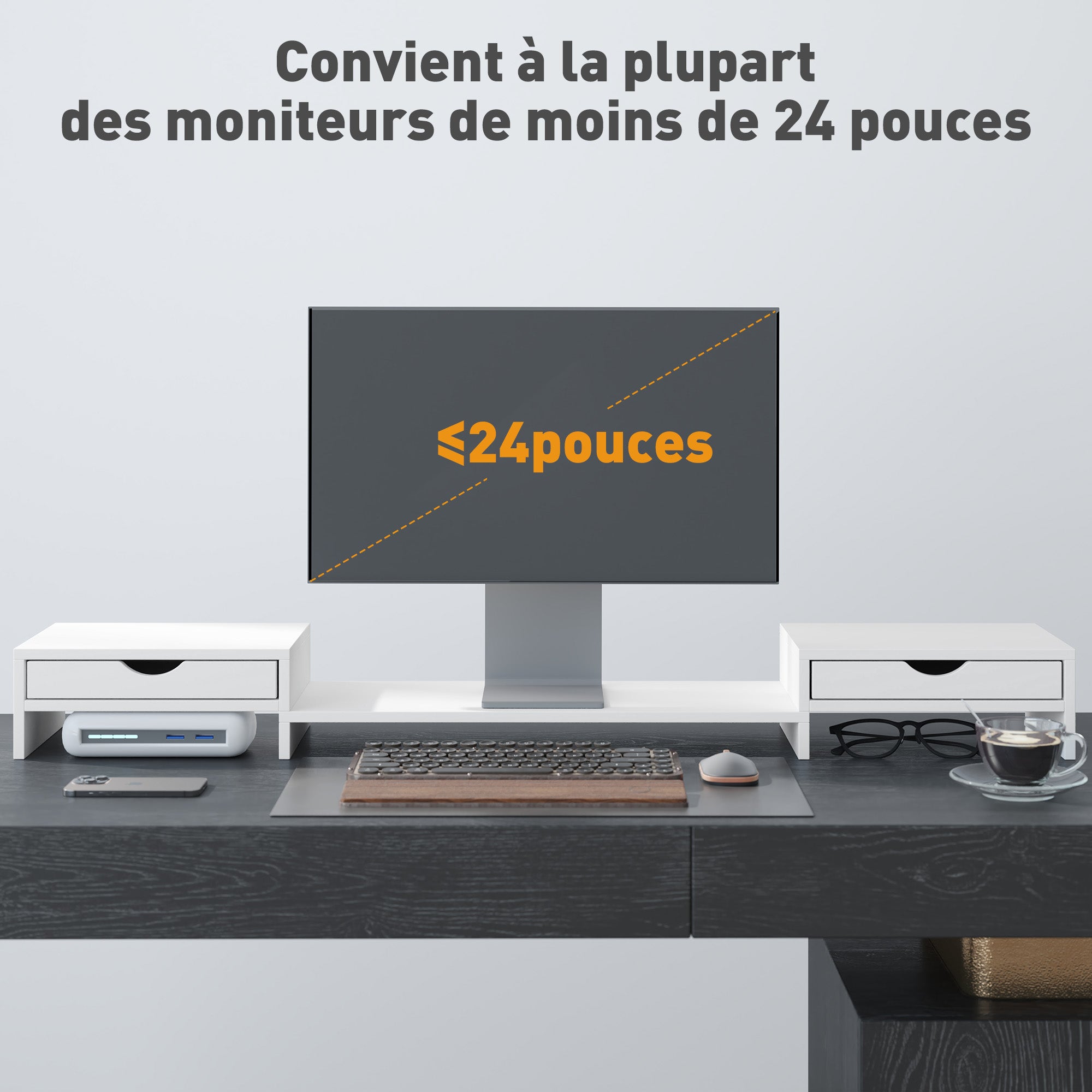 HOMCOM Dual Monitor Stand Riser with 2 Drawers, Adjustable Length and Angle, 116cm Monitor Riser for Laptop, Computer, PC, Small Printer, White - North Peak Garden Furniture