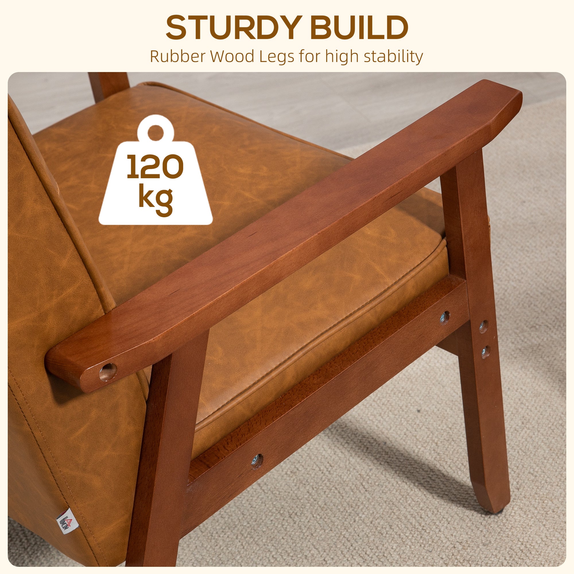 HOMCOM Retro-Style Accent Chair, with Faux Leather Seat - Brown - North Peak Garden Furniture