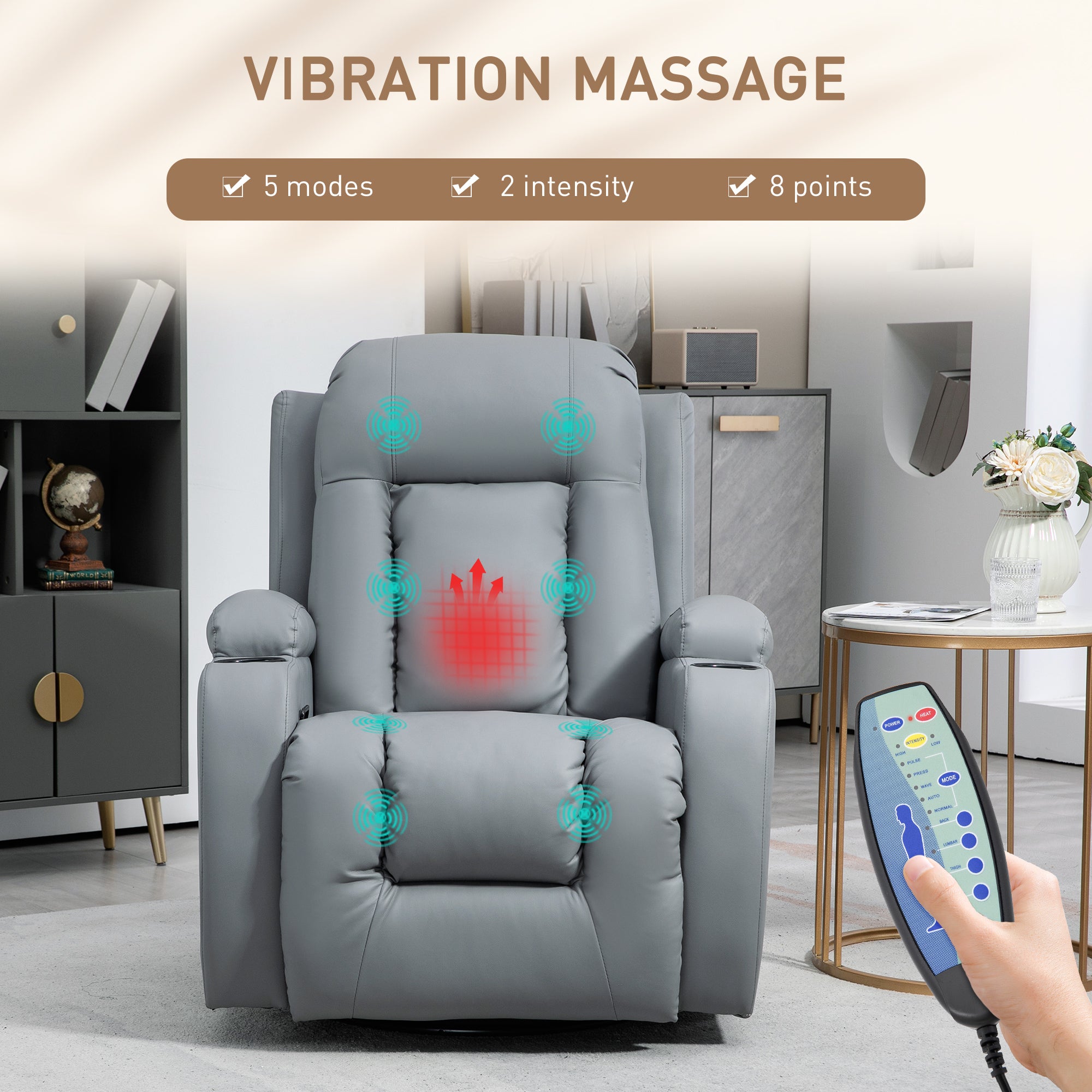 HOMCOM Massage Recliner Chair with 8 Vibration & Heat, PU Leather Recliner Armchair with Cup Holders and Side Pockets, Manual Reclining Chair with Remote, 360° Swivel, Rocking, Light Grey - North Peak Garden Furniture