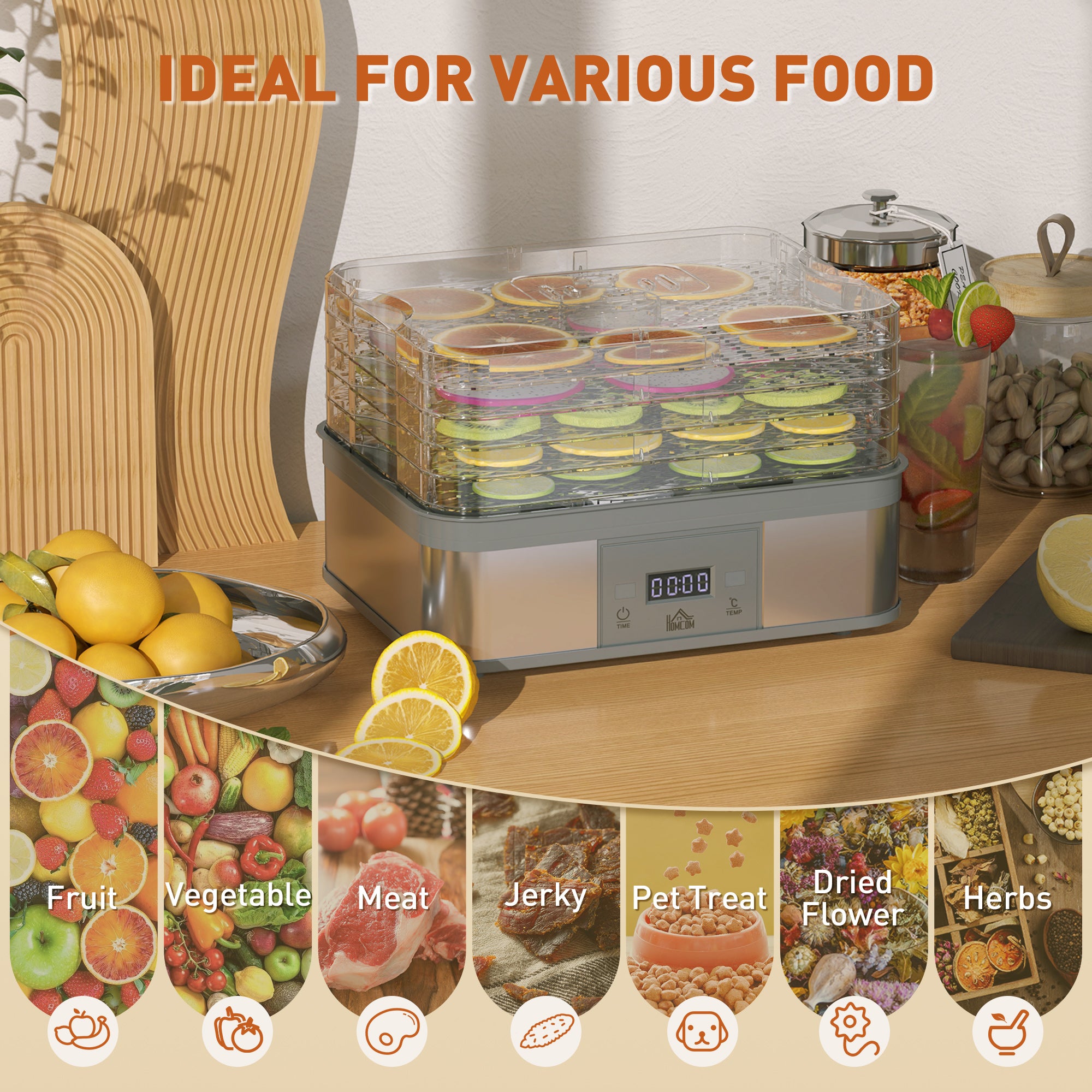 HOMCOM 5 Tier Food Dehydrator, 245W Stainless Steel Food Dryer Machine with Adjustable Temperature, Timer and LCD Display for Drying Fruit, Meat, Vegetable, Jerky and Pet Treat, Grey - North Peak Garden Furniture