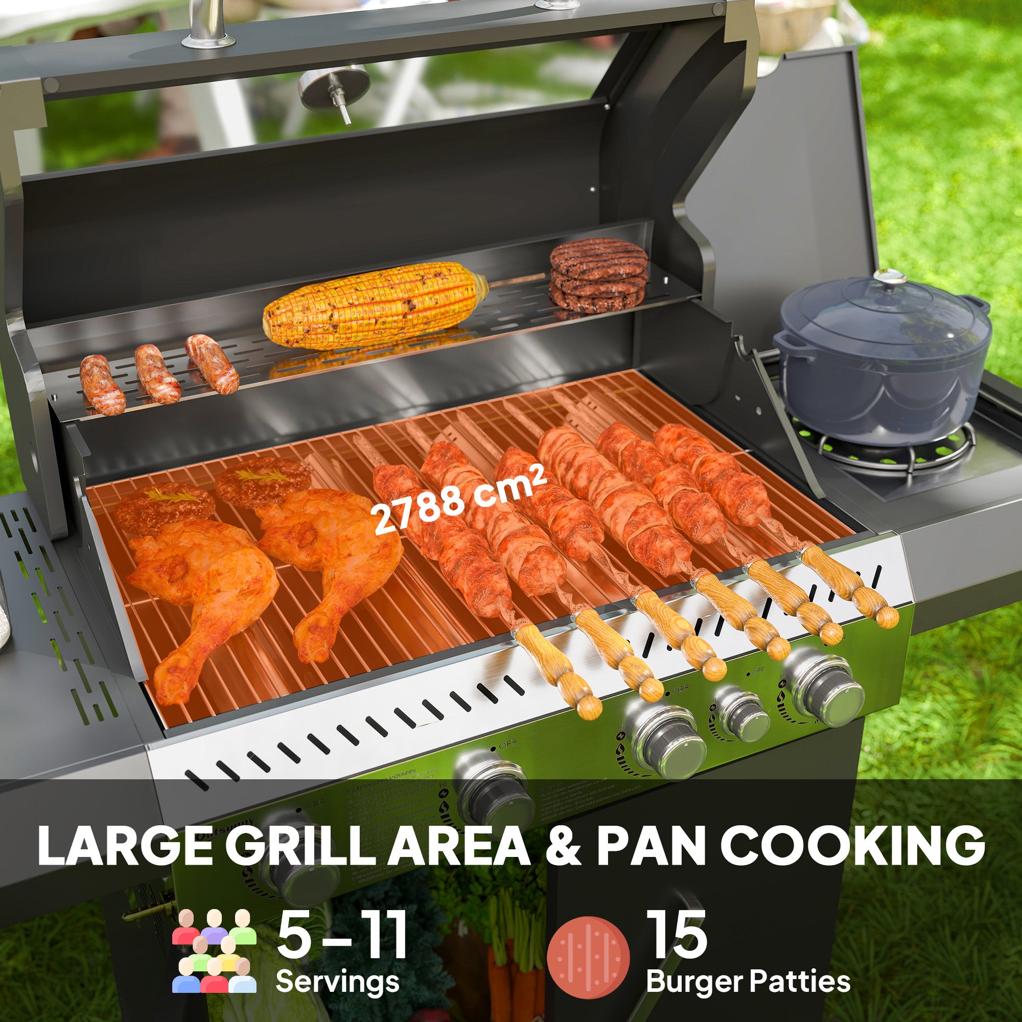 Outsunny 4+1 Burner Gas BBQ Grill with Clear View Lid, Portable Gas Barbecue Grill with Built-in Thermometer, Side Table, Cabinet, Wheels, Grease Tray for Garden Party Outdoor Cooking, Black - North Peak Garden Furniture