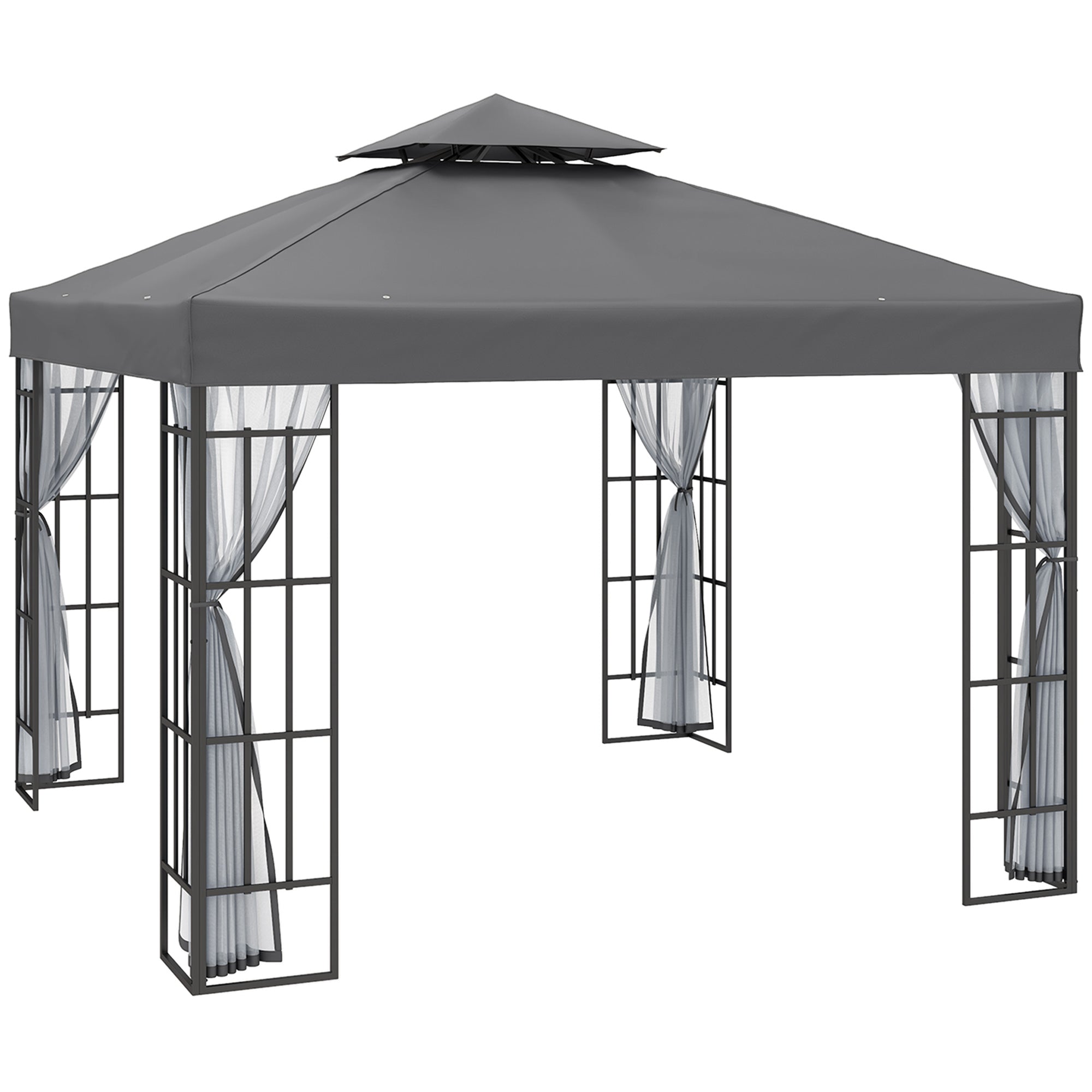 Outsunny 3 x 3(m) Patio Gazebo Canopy Garden Pavilion Tent Shelter with 2 Tier Roof and Mosquito Netting, Steel Frame, Grey - North Peak Garden Furniture