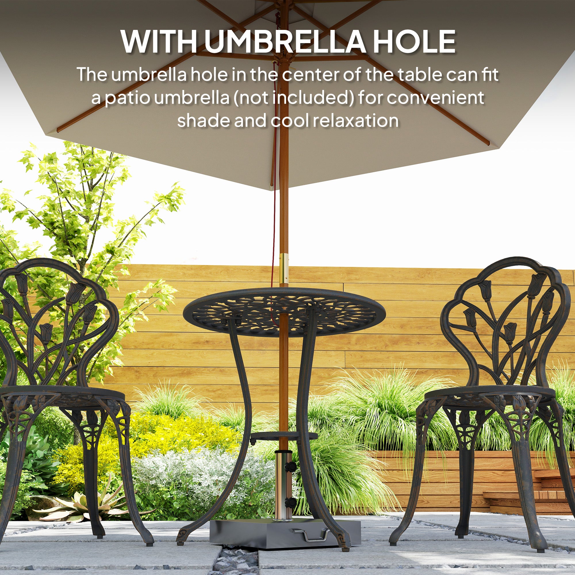 Outsunny 3 Piece Patio Bistro Set for 2, Outdoor Aluminium Garden Table and Chairs with Umbrella Hole for Balcony, Bronze Tone - North Peak Garden Furniture