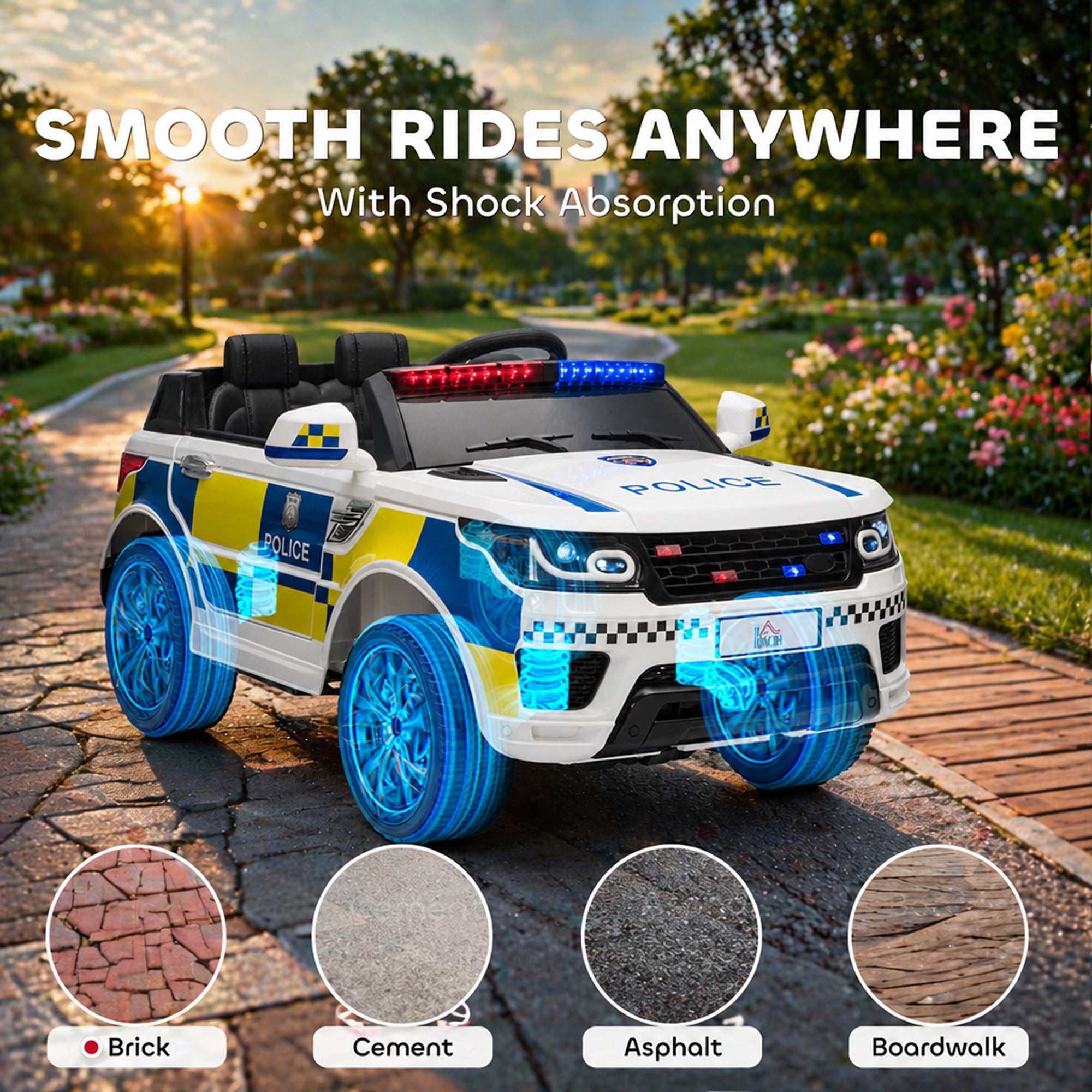 HOMCOM 12V Kids Electric Ride On Police Car 2 Motors with Parental Remote Control Siren Flashing Lights USB Portable for 3-6 Years White