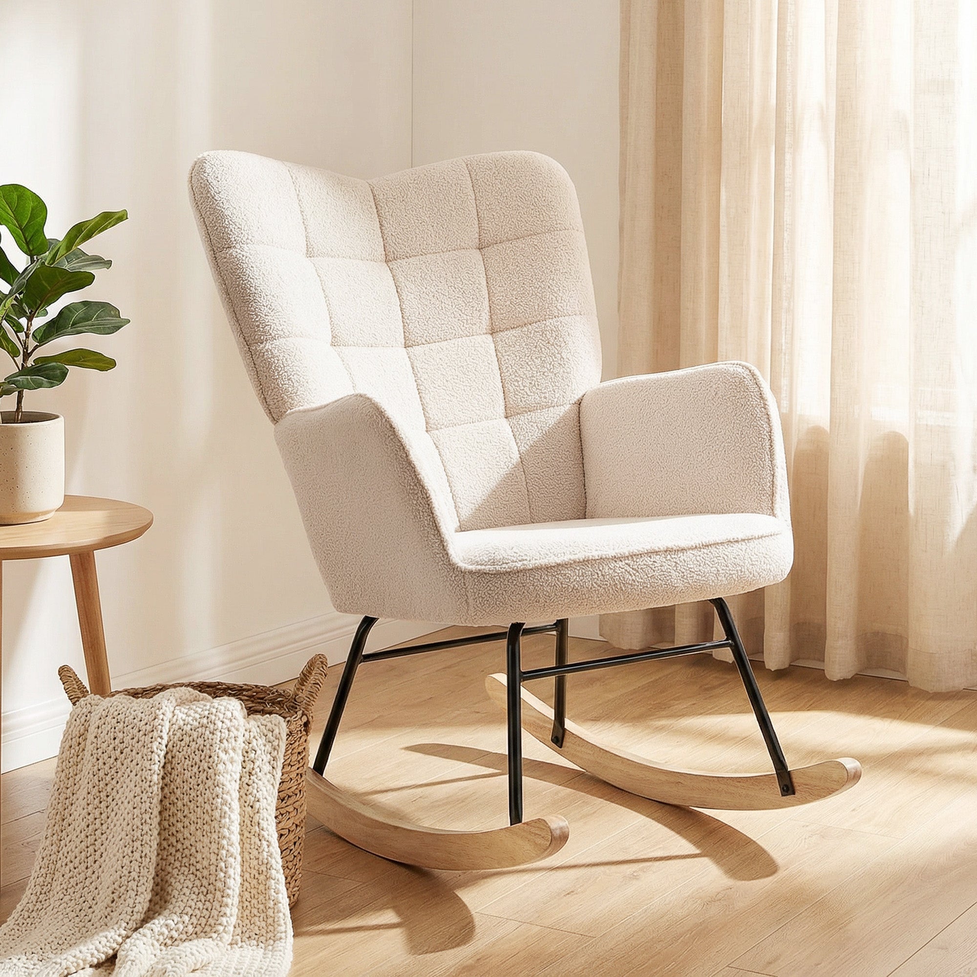 HOMCOM Berber Fleece Nursery Glider Rocker for Nursing, Wingback Rocking Chair for Living Room, Beige