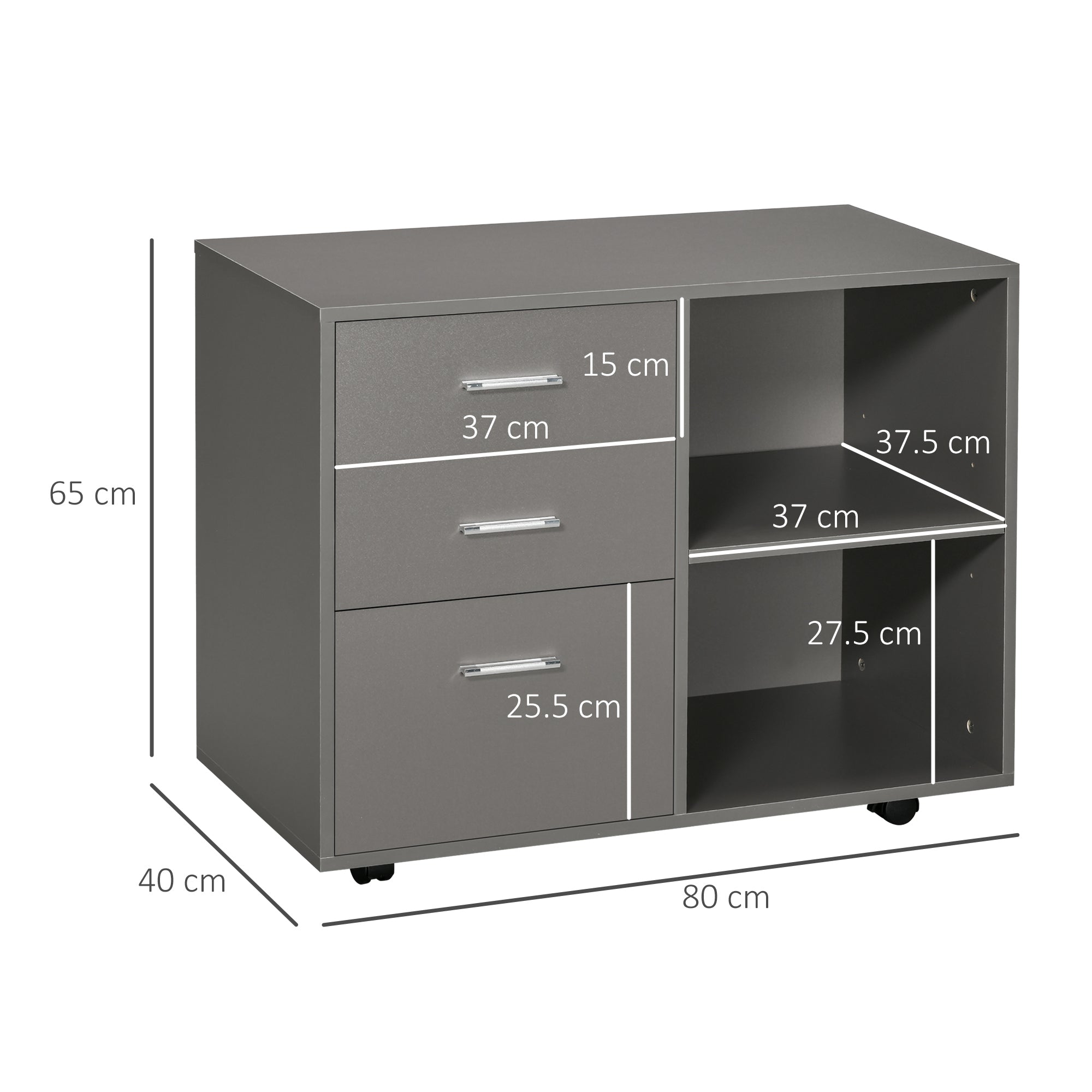 HOMCOM Freestanding Printer Stand Unit Office Desk Side Mobile Storage w/ Wheels 3 Drawers, 2 Open Shelves Modern Style 80L x 40W x 65H cm - Grey - North Peak Garden Furniture