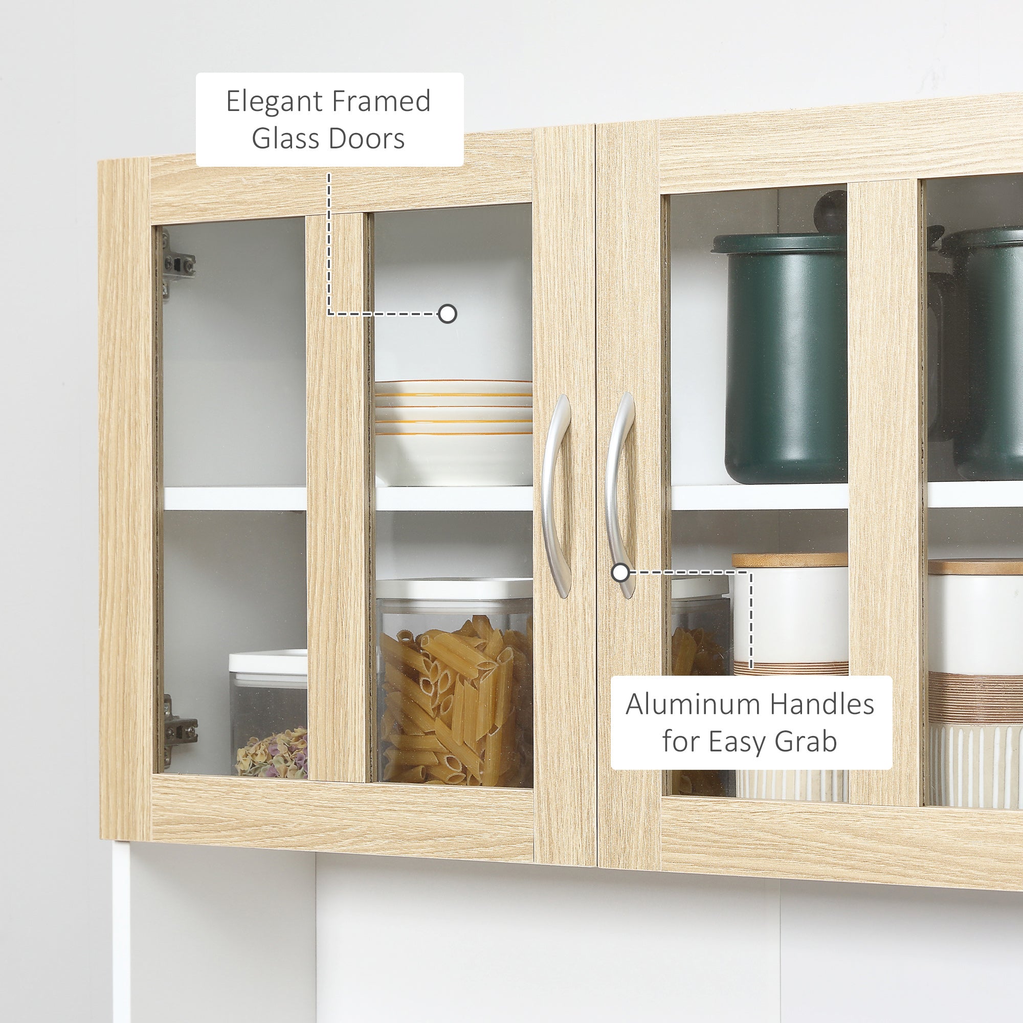 HOMCOM Modern Kitchen Cupboard, Freestanding Storage Cabinet Hutch with Central Drawer, 2 Glass Door Cabinets and Countertop, 180cm - North Peak Garden Furniture