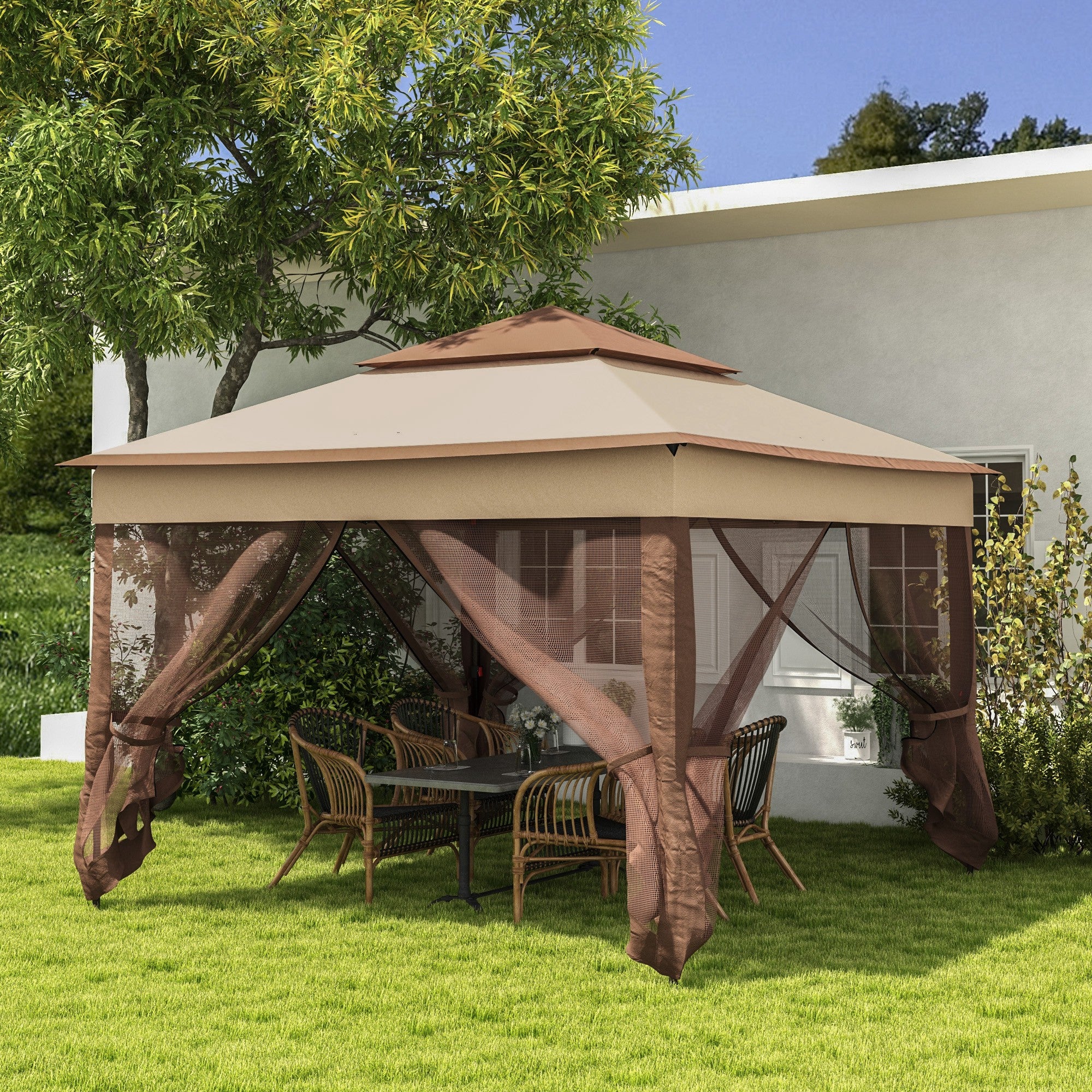 Outsunny 3 x 3(m) Pop Up Gazebo, Double-roof Garden Tent with Netting and Carry Bag, Party Event Shelter for Outdoor Patio, Khaki - North Peak Garden Furniture