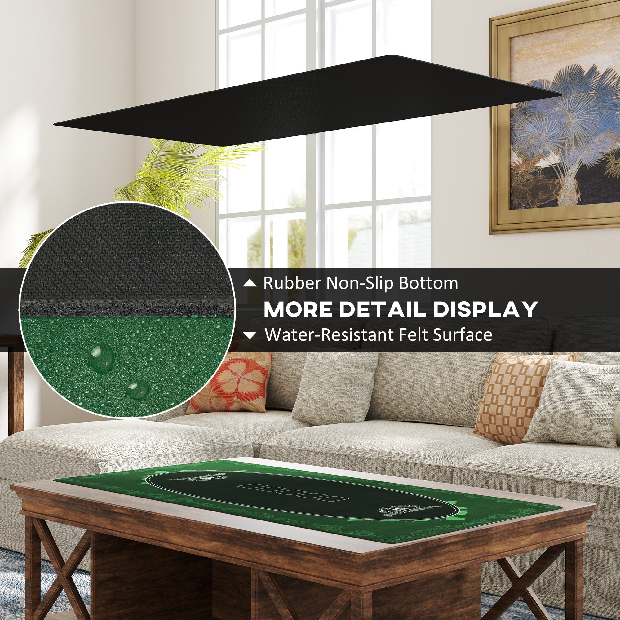 SPORTNOW 120 x 60 cm Professional Texas Hold'em Poker Mat 6 Player Water-Resistant Poker Table Top Rubber Poker Table Mat with Felt Surface Carry Bag, Green - North Peak Garden Furniture