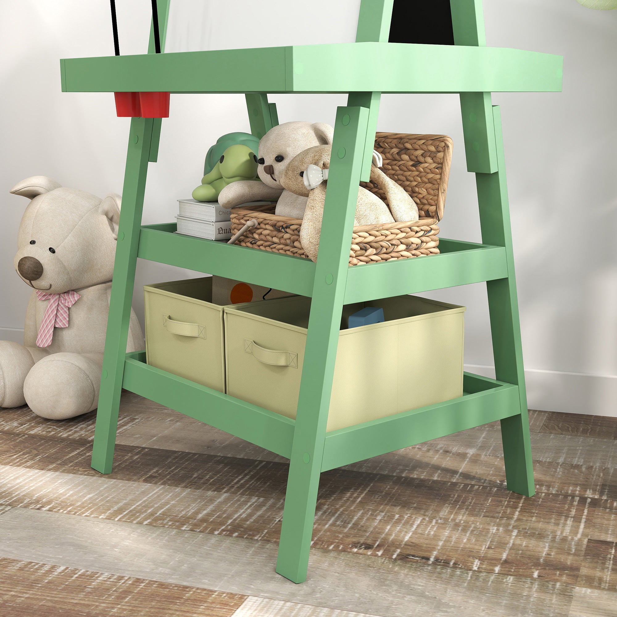 AIYAPLAY 3 in 1 Kids Easel Double-Sided Magnetic Whiteboard and Chalkboard with Paper Roll, Storage Baskets - Green