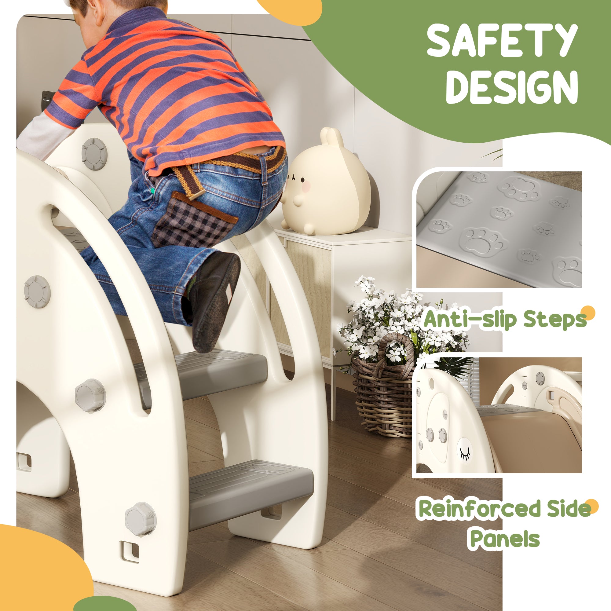 AIYAPLAY 3 in 1 Toddler Slide with Basketball Hoop, Climber, Elephant-Themed, for 1-3 Years, Cream White - North Peak Garden Furniture